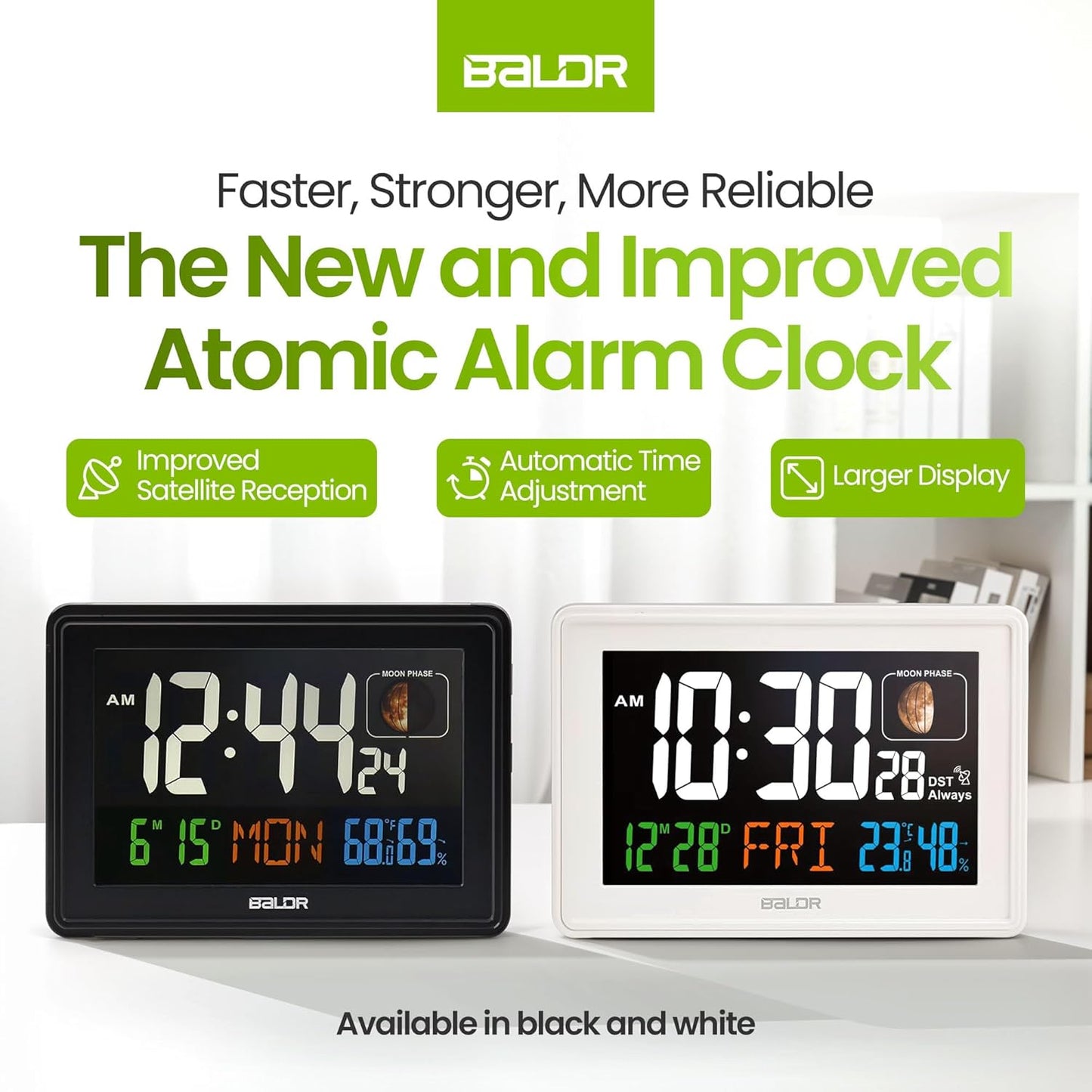 Baldr Atomic Clocks for Bedrooms Digital Large Display - White - Desk Clock with Temperature Indoor and Humidity, Night Stand Clock, Moon Phase Clock, Alarm Clocks for Living Room, Digital Clock Wall