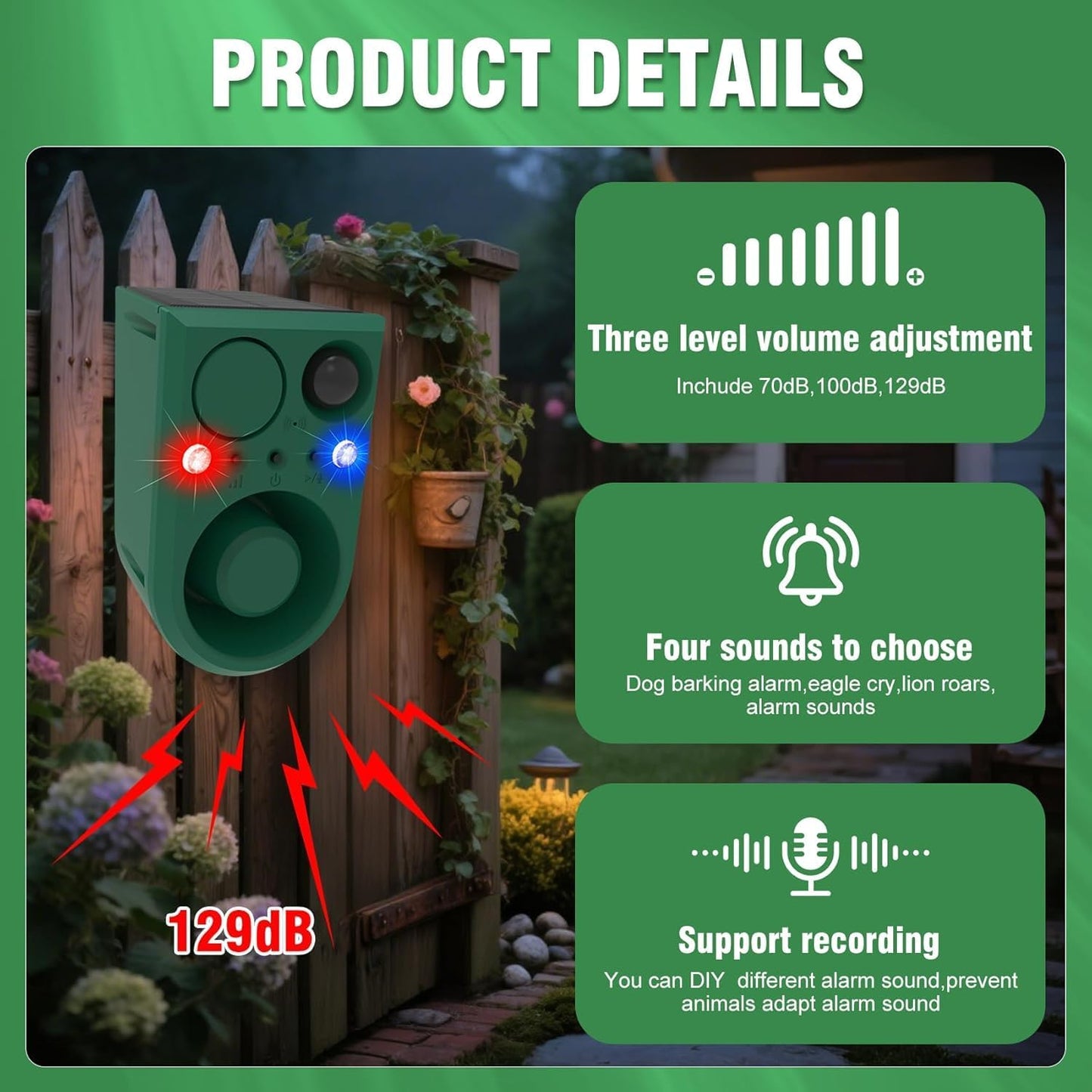 ChunHee Solar Outdoor Motion Sensor Alarm with Dog Barking Alarm Sound, Support Recording and Adjustable Volume, 129db Loud Noise Maker 4 Work Modes Strobe Light for Home, Villa, Farm, Barn (4pack)
