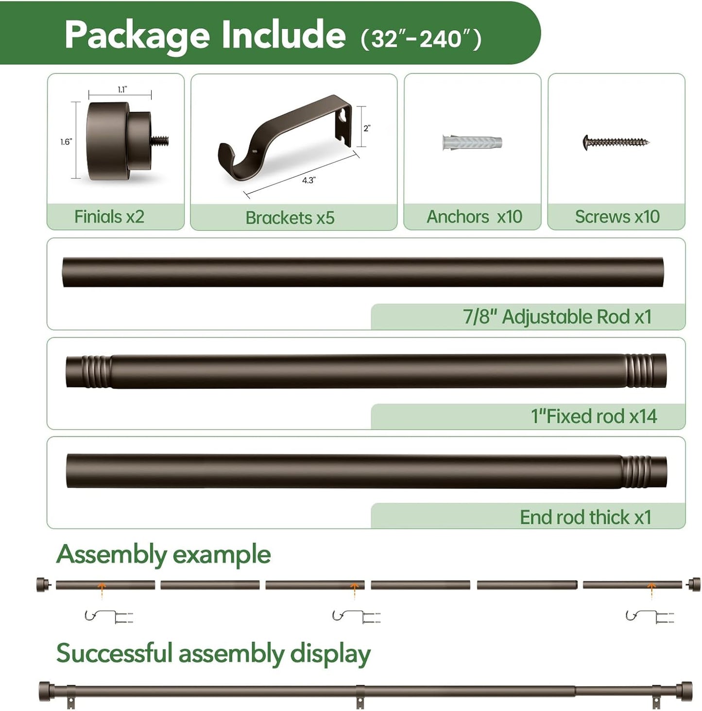 Curtain Rods for Windows 32 to 240, 1 Inch Adjustable Heavy Duty Long Window Outdoor Curtain Rod for Patio, Drapery Rods with Simple End Caps, Size 32"-240", Antique Bronze