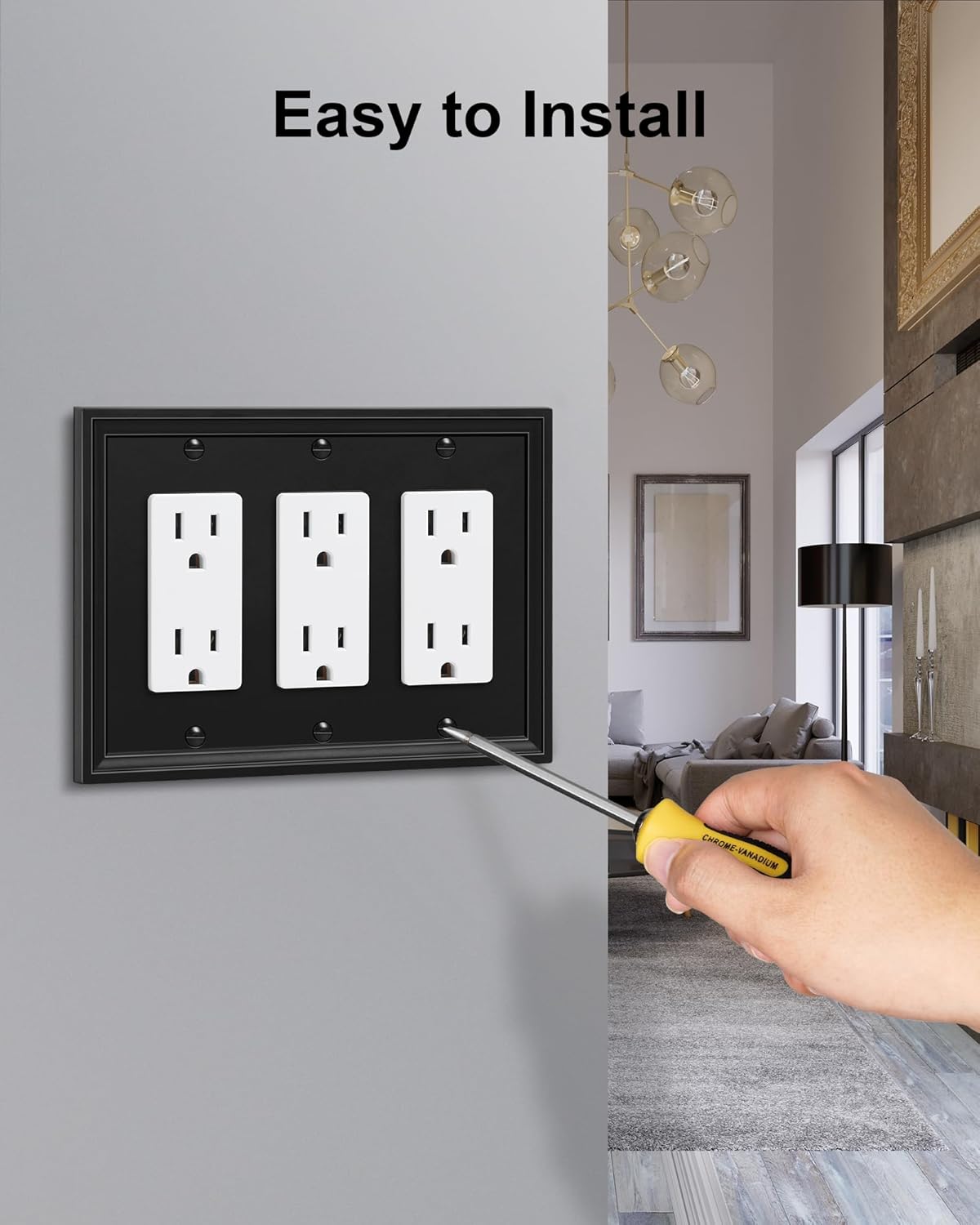 2-Pack Triple Decorator Outlet Cover Plate, Black Decorative Switch Plates and Outlet Covers, Natural Bamboo Fiber Wall Plates for Electrical Outlets, Receptacle, GFCI Outlet, Dimmer Switch