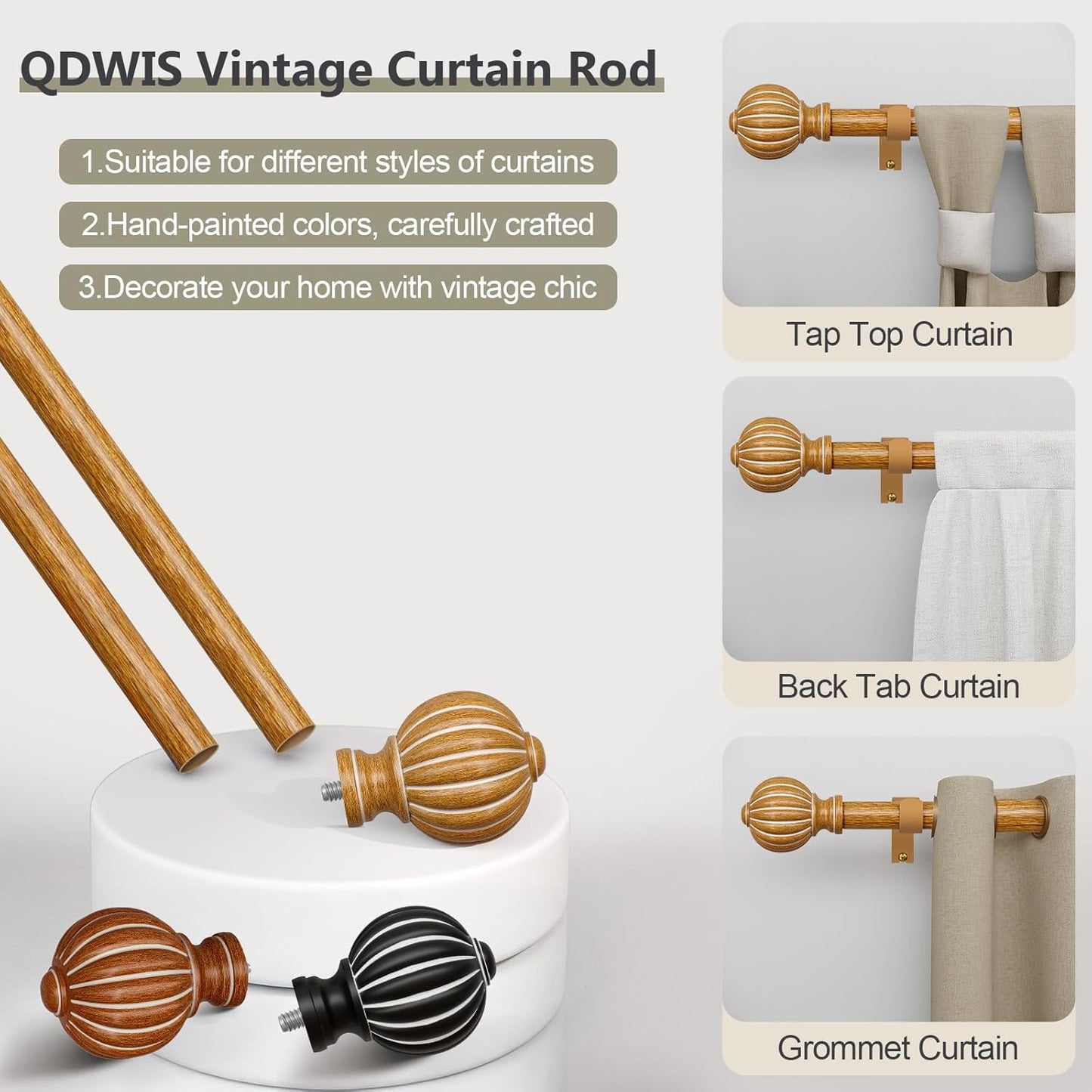 2 Pack Imitation Wood Curtain Rods for Windows 48 to 84 Inch, 1'' Adjustable Heavy Duty Decorative Drapery Rods with Classic Finials, Dark Imitation Wood Window Curtain Pole, Size 36-88''