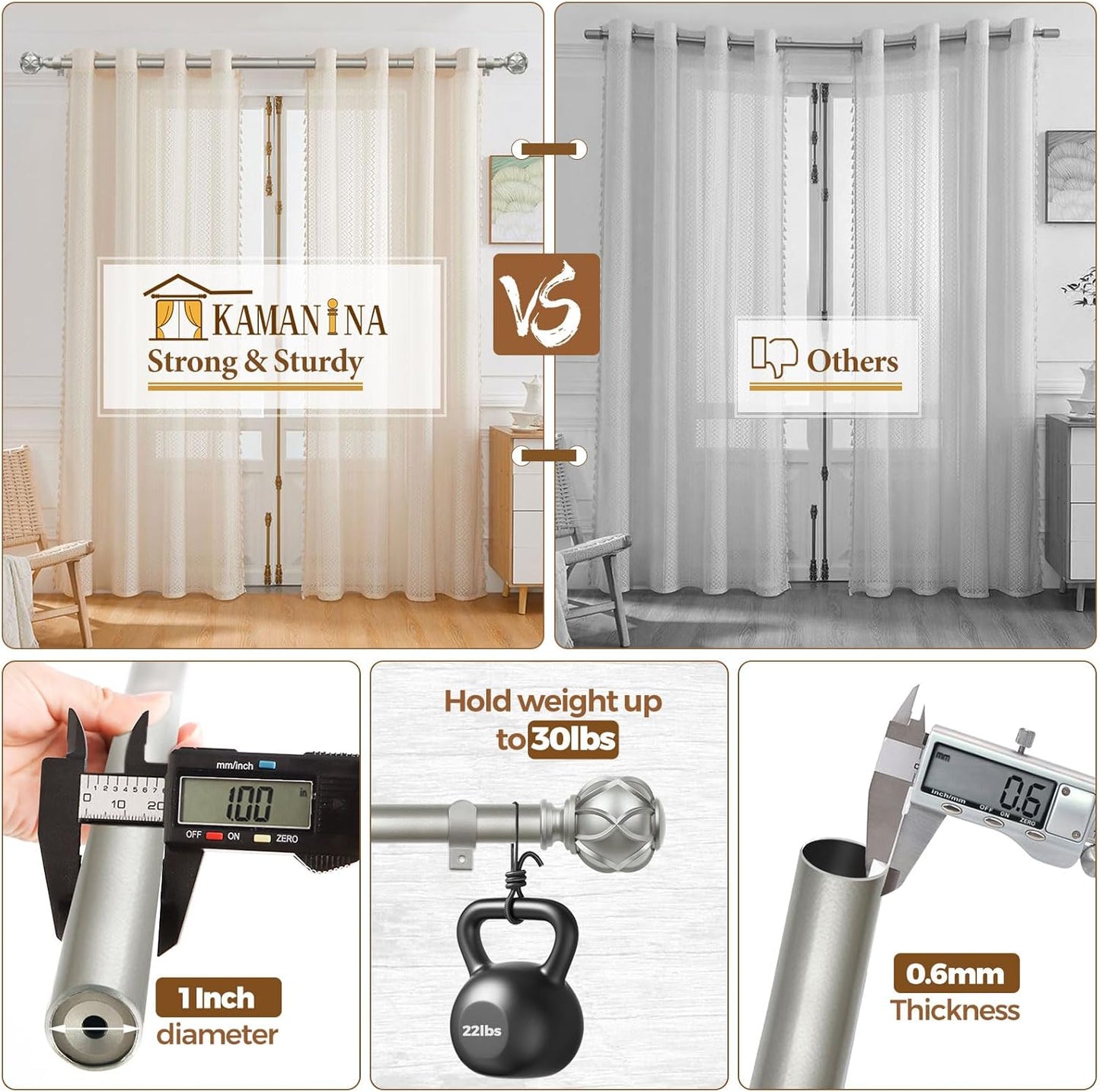 KAMANINA 1 Inch Extra Long Curtain Rod 140 to 195 Inches Silver Heavy Duty Curtain Rods for Windows 120 to 170 Inch, Adjustable Drapery Rods with Netted Texture Finials