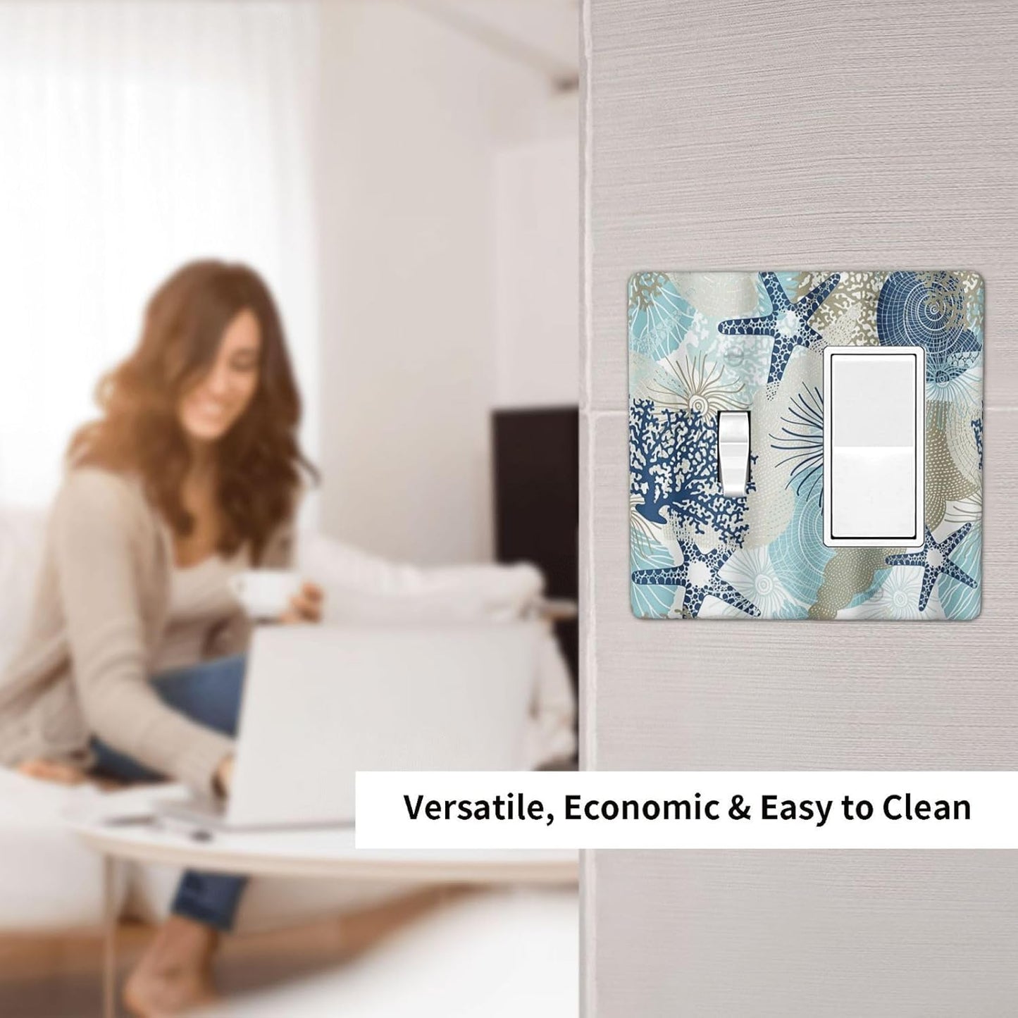 Decorative Outlet Covers Blue Starfish Brown Coral Ocean 2 Gang Light Switch Cover Plate Single Toggle 1 Rocker Wall Plates for Electrical Outlets Switch Plate Covers for Girlroom Home Decor