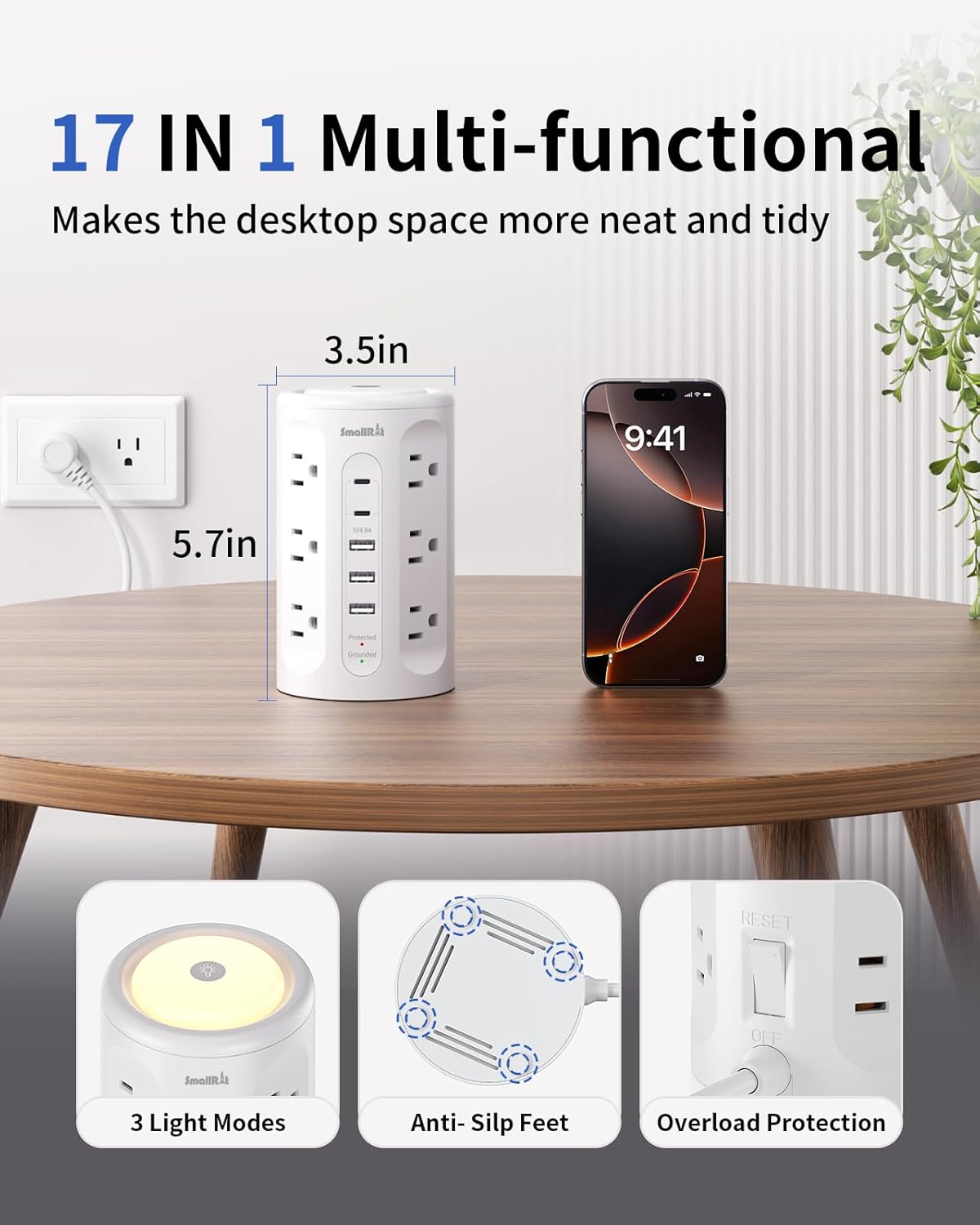 Power Strip Tower with Night Light, Surge Protector Tower with Multiple Outlets (12AC+3A+2C), 10 FT Extension Cord Charging Station for Home, Office, Dorm Essentials (White)