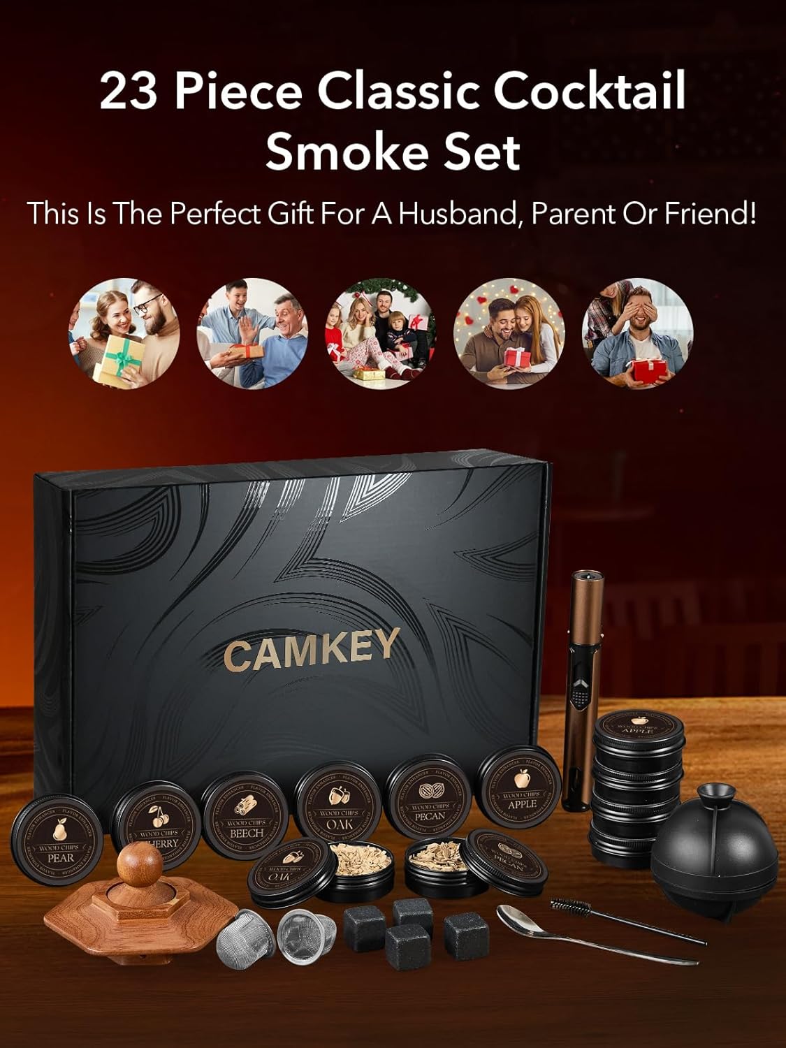 23Pcs Whiskey Smoker Kit with Torch-12 Wood Chips, Ice Ball Mold, Cocktail Smoker Infuser Kit, Old Fashioned Drink Smoker Kit, Birthday Bourbon Whiskey Gifts for Men,Dad,Him, Christmas