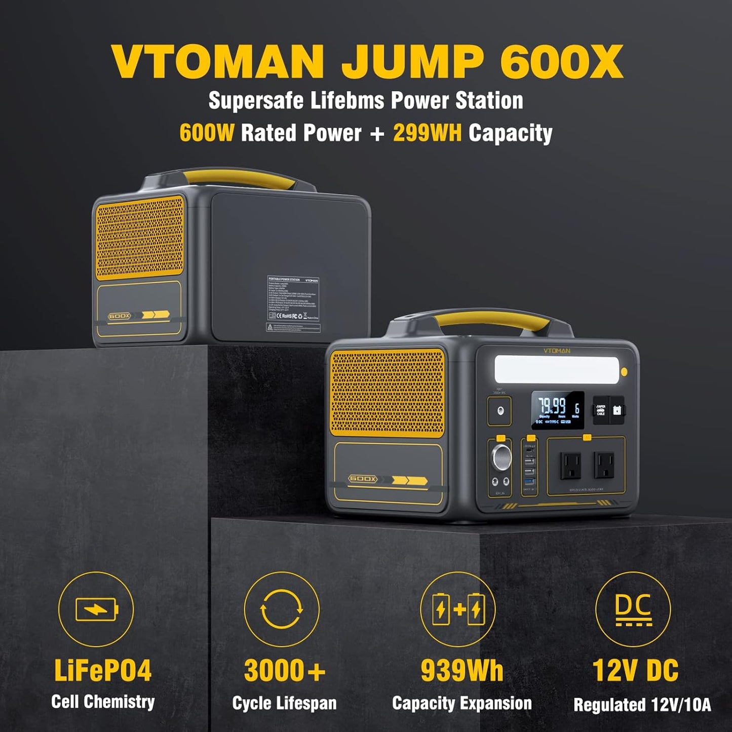 VTOMAN Jump600X 600W Portable Power Station with 640Wh Extra Battery, 939Wh Solar Generator LiFePO4 Battery, Peak 1200W AC Outlet, PD 60W USB-C, 3x12V/10A DC for Outdoor Camping, Off-grid, Home Backup