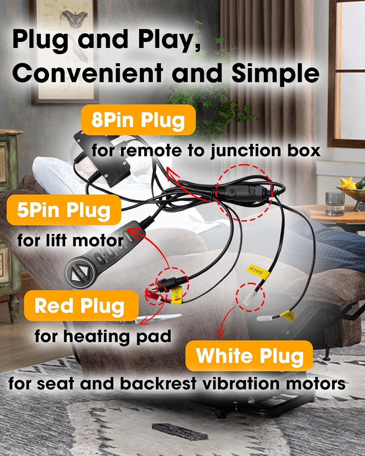 Lift Chair Prong Hand Control Remote Replace MLSK55-A1 Fit for Okin Catnapper Mulin Dewert Limoss Kaidi, with 6 Function Keys 5 Pin and Junction Box