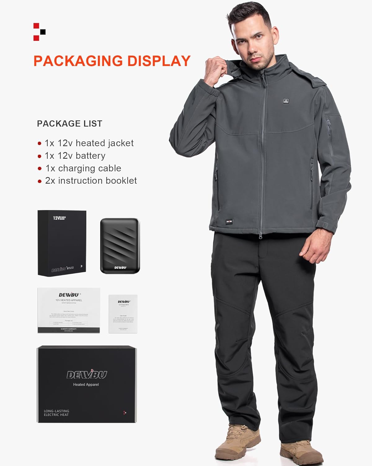 DEWBU Soft Shell Heated Jacket for Men with 12V Battery Pack and Detachable Hood Outdoor Electric Heating Coat
