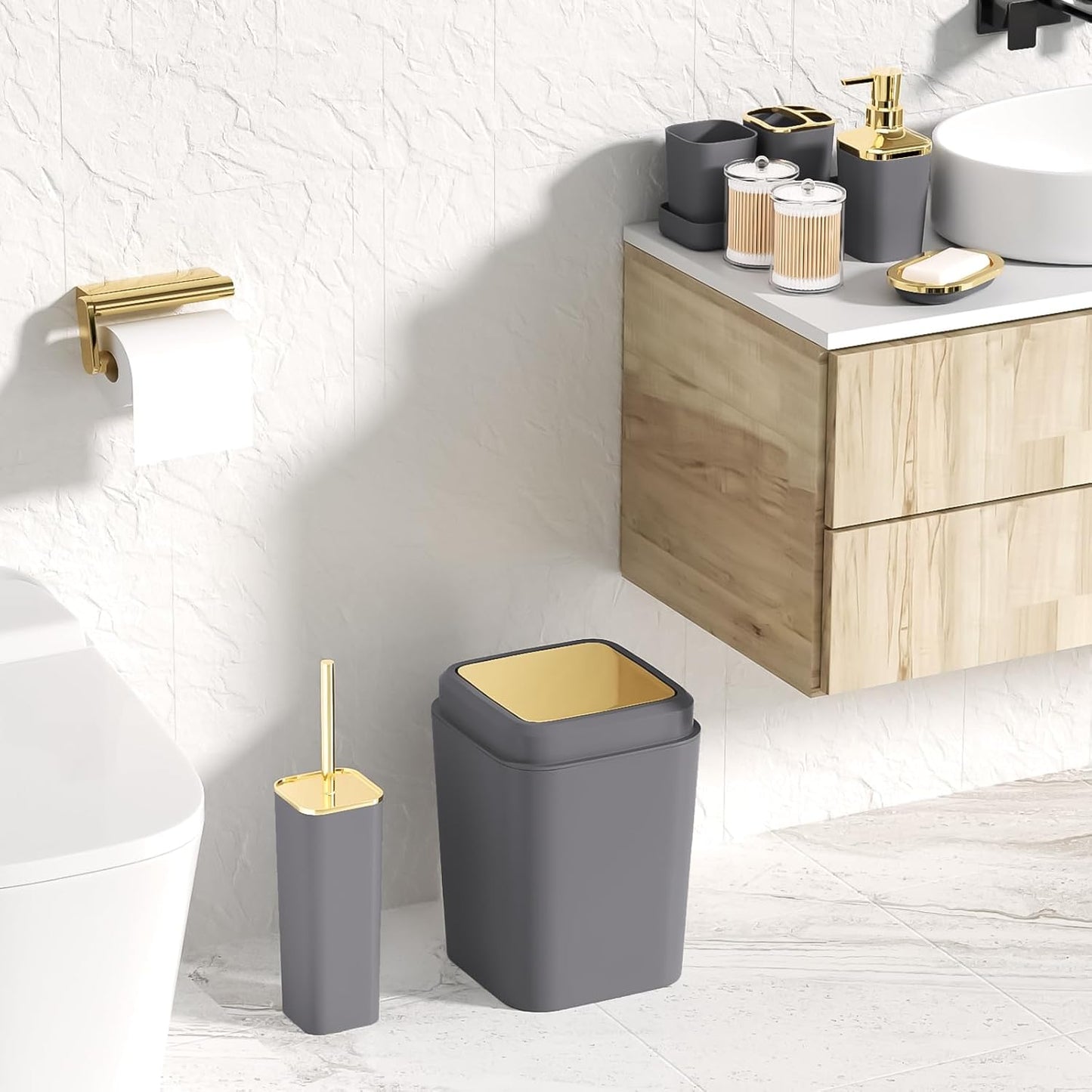 Grey Bathroom Accessories Set, Bathroom Sets with Shower Curtain, Grey Bathroom Accessories with Trash Can, Soap Dispenser, Soap Dish, Toilet Brush Holder, Qtip Holders for Bathroom