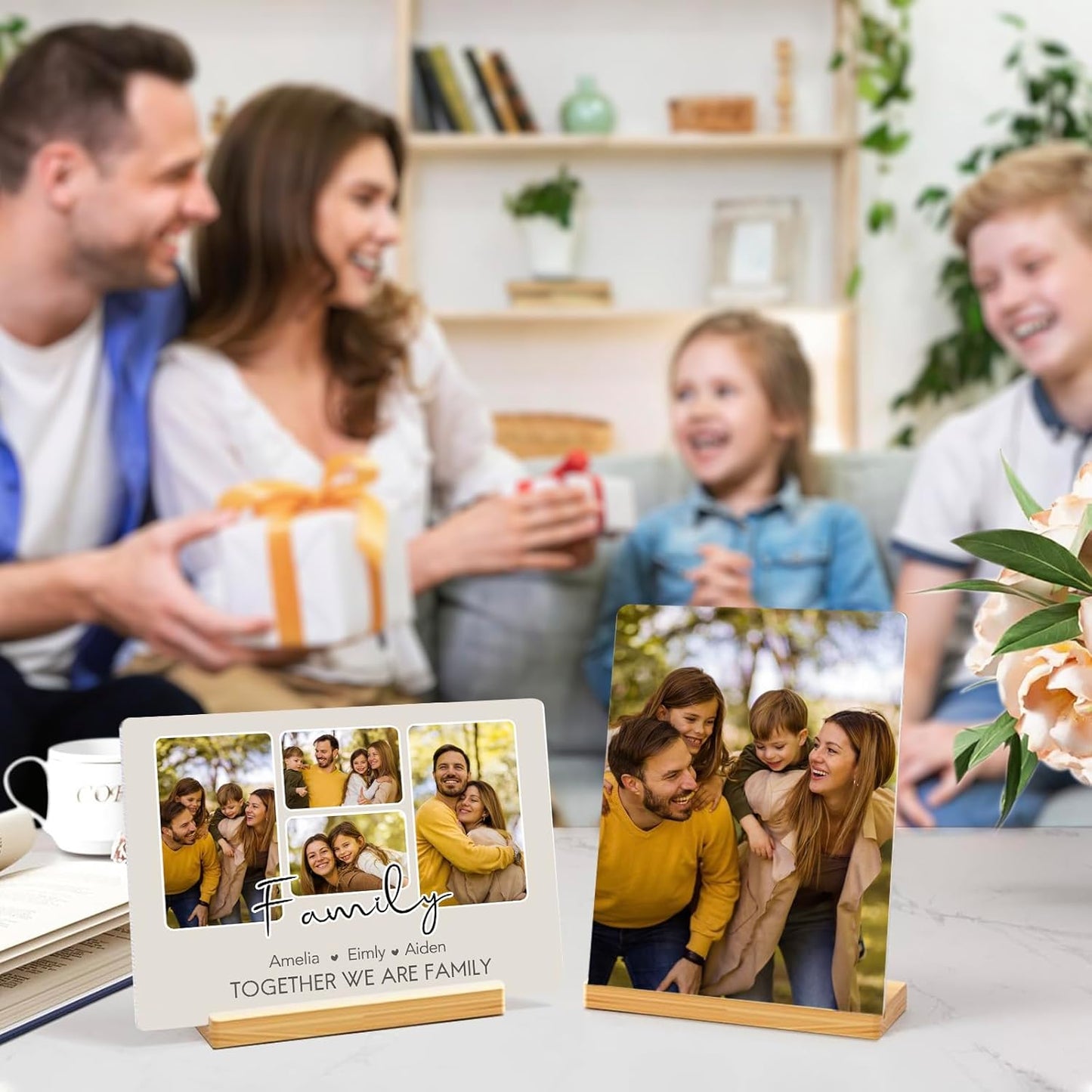 Custom Photo Prints - Metal Desktop Picture Frame with Photos & Name & Wooden Base Personalized Gifts for Family Friends and Lovers, Optional Multiple Sizes