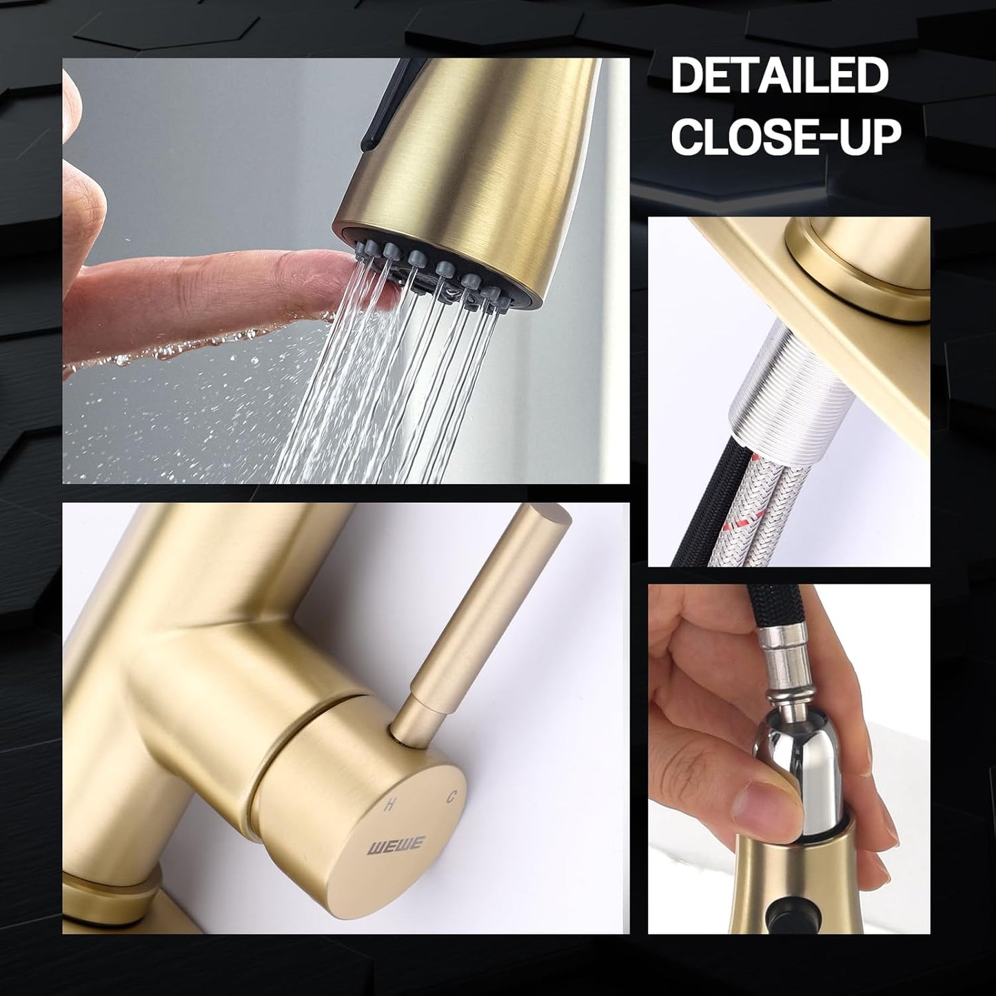 WEWE Gold Kitchen Faucet with Pull Down Sprayer, Single Handle Brushed Gold Kitchen Sink Faucets Stainless Steel Brass Copper Commercial RV 1 or 3 Hole, Champagne Bronze