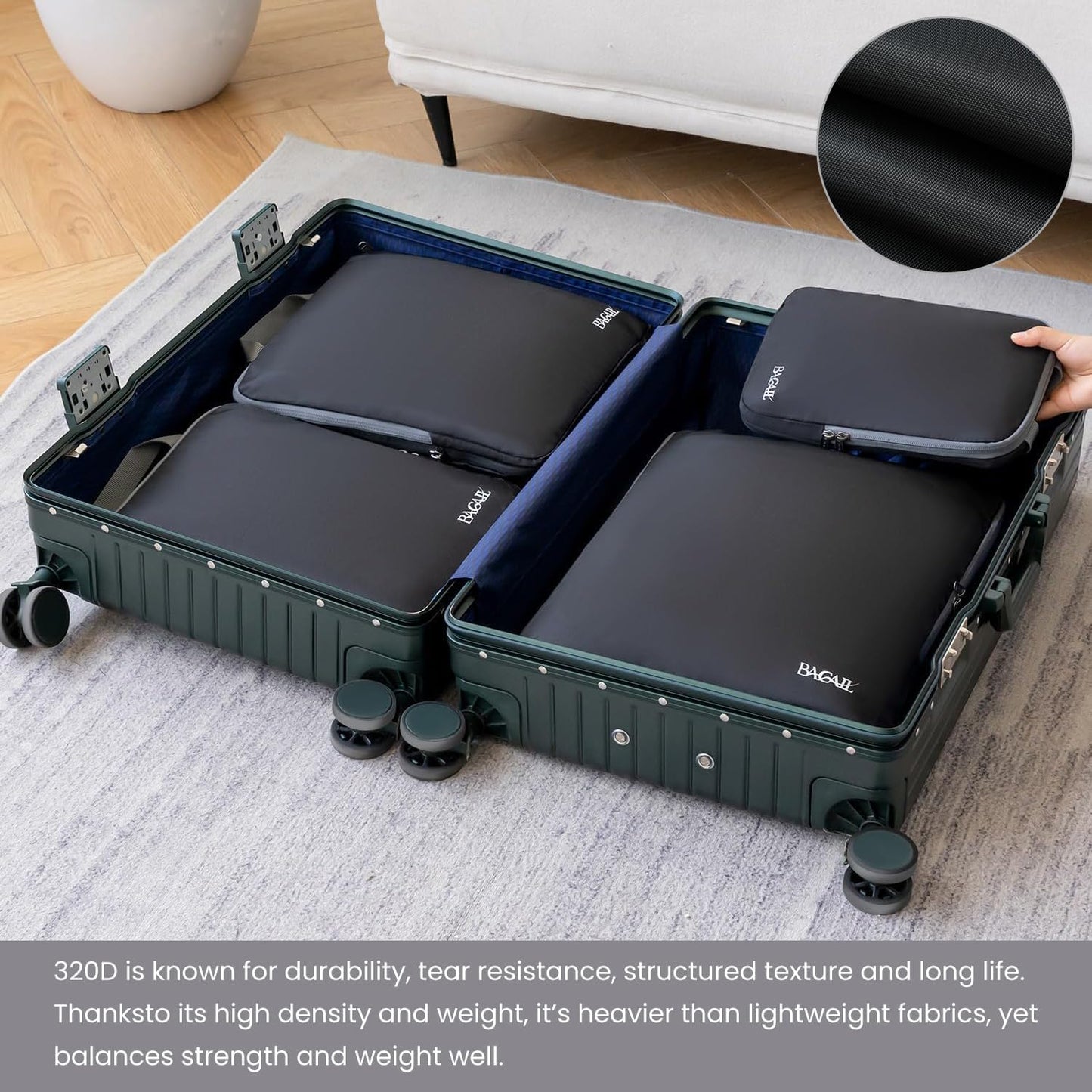 BAGAIL 4 Set/6 Set/8 Set Compression Packing Cubes Travel Accessories Expandable Packing Organizers (Cloth Pattern, 4-Black)