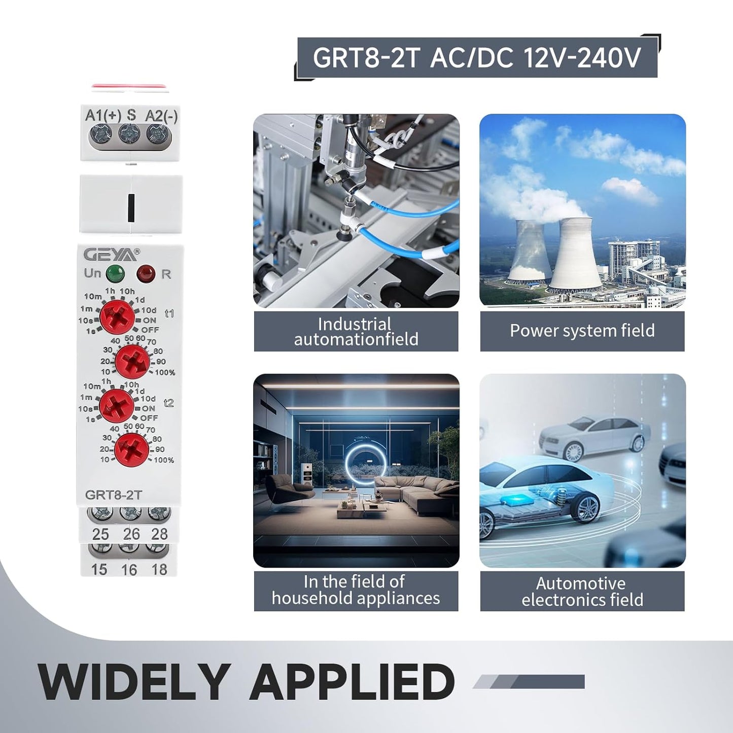 GRT8-2T Double Delay On Timer Relay,16A AC/DC12V to 240V Adjustable Two Groups of Output terminals with Different delay on Times Relay of Wide Time Delay Range for 0.1 Seconds to 10 Days