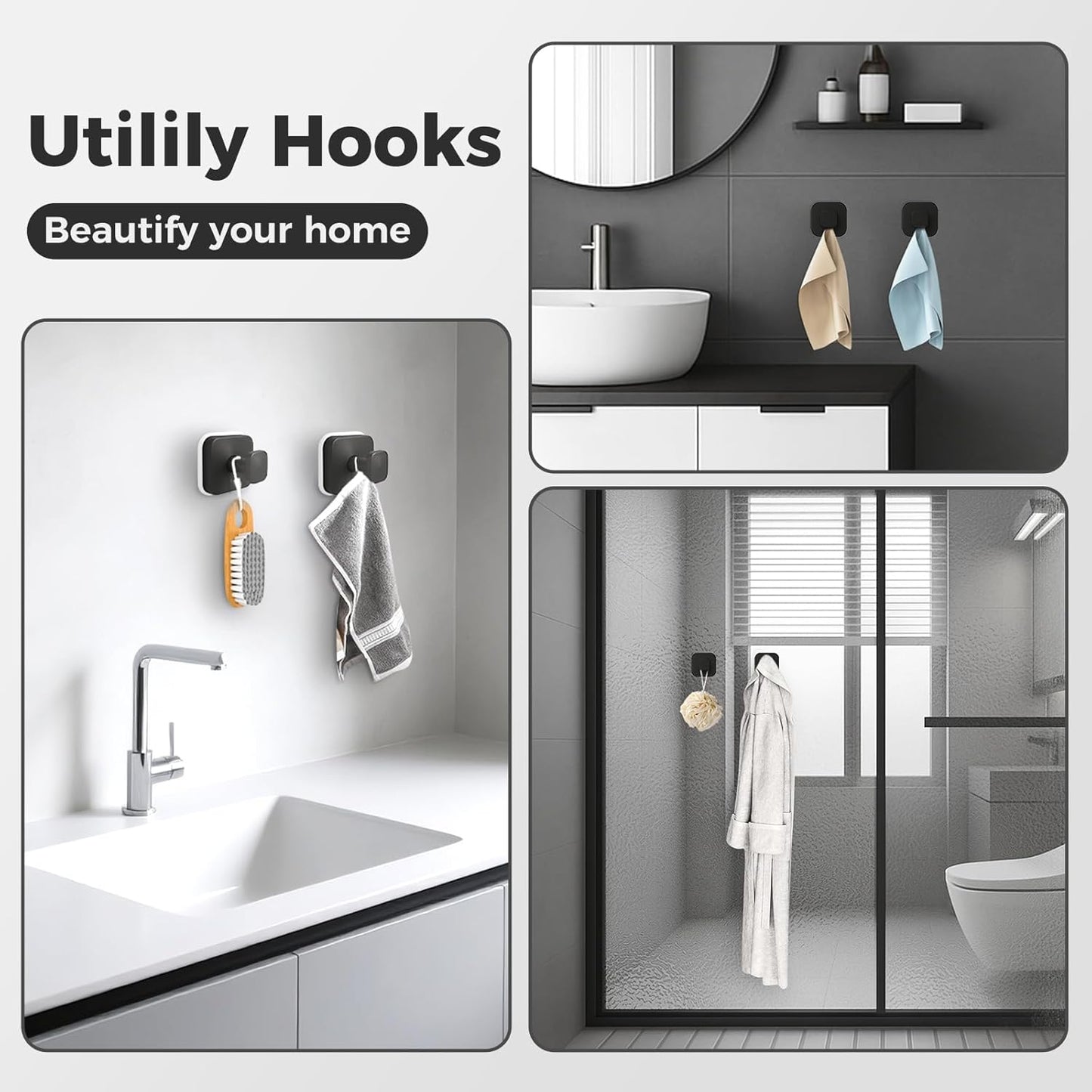 Shower Hooks for Inside Shower,Reusable Suction Cup Hooks for Glass Window,Mirror,Removable Towel Hooks for Bathroom,4 Pack(Black)