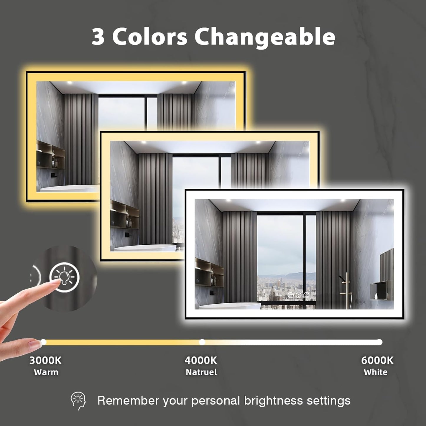 60x36 Lighted Mirrors for Bathroom Wall, Modern Rectangle Matte Black Mirror, Tempered Glass,Double Lights, 3 Colors Dimmable Temperature, IP54 Enhanced Anti-Fog, Memory (Horizontal/Vertical)