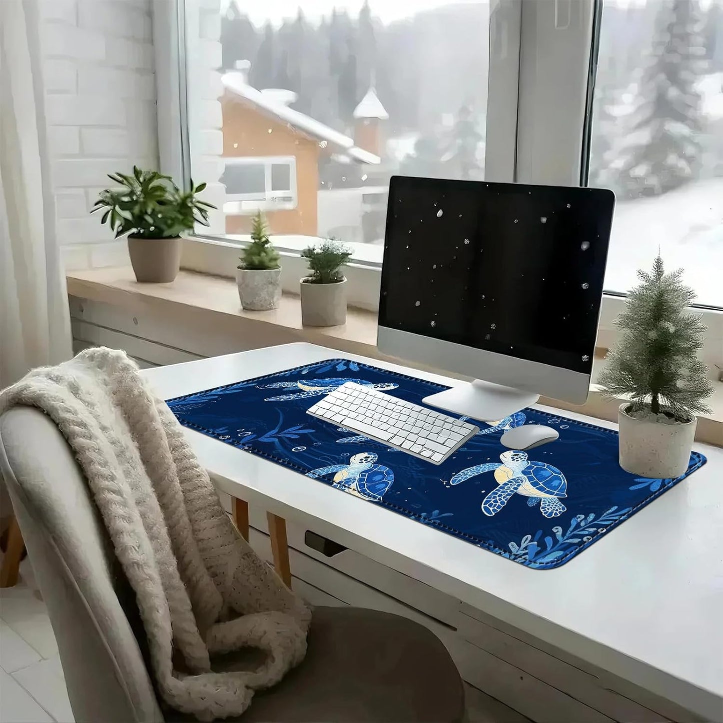 Heated Mouse Pad with 3 Temperature Settings(104°F–122°F),Large 31.5x13 Inch PU Leather Heated Desk Mat,Waterproof Warming Pad for Office,Gaming & Cold Hands Relief,Blue Sea Turtle
