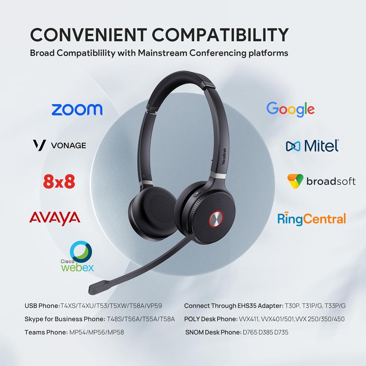 Yealink WH62 Dual UC DECT Wireless Headset, 525 ft Long Range, Work Headphones with Base, 2X Noise Canceling Mic for IP Phone and Computer, Office Headsets Call Control, Ringer,14H Talk Time