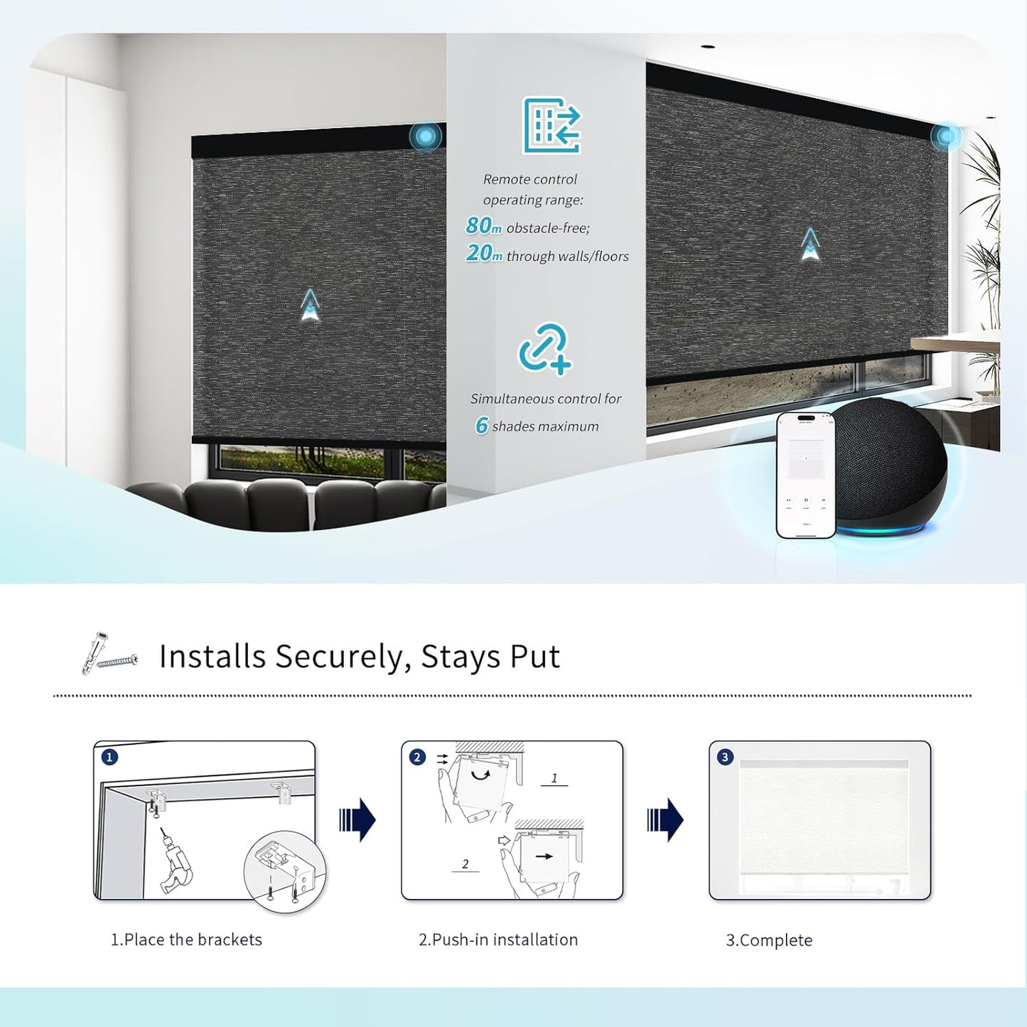 Motorized Blinds with Remote Custom Size Blackout Smart Roller Shades Compatible with Alexa Google, Electric Blinds for Windows