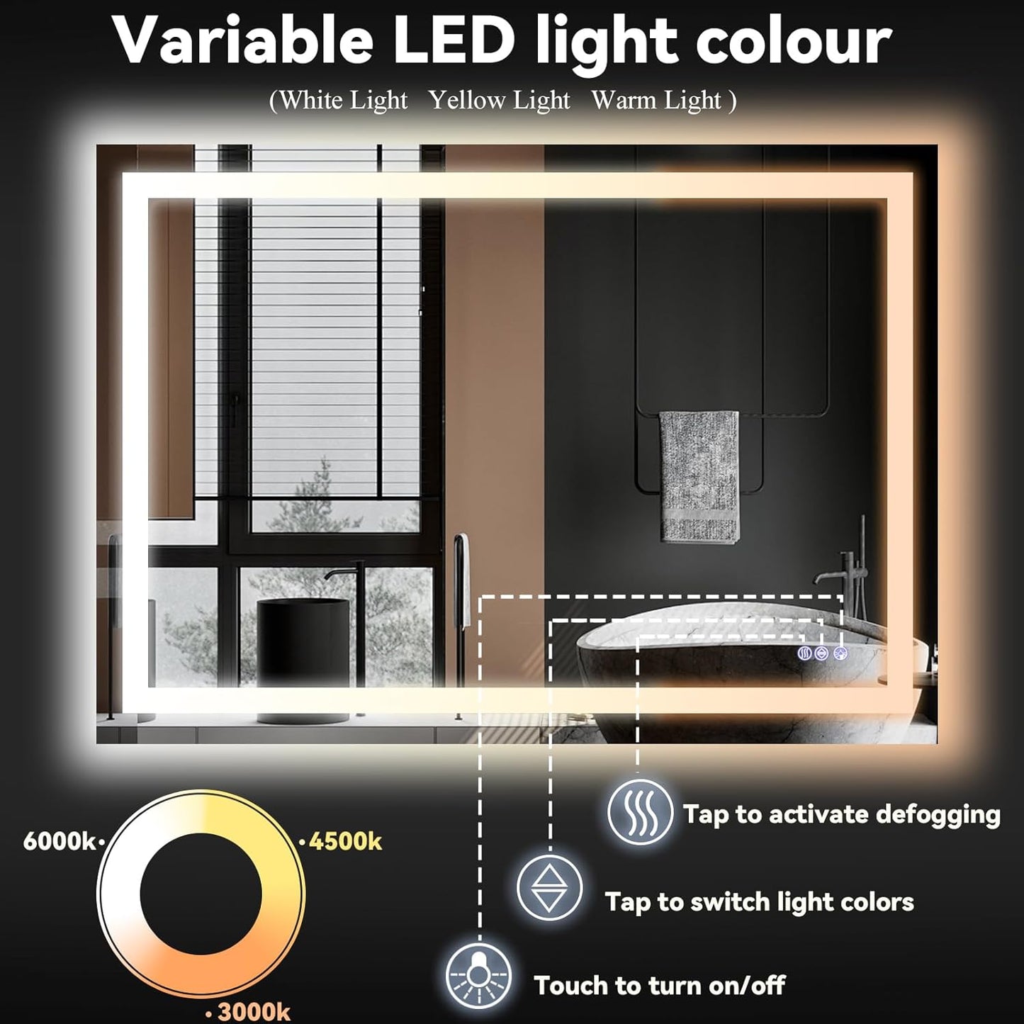 VooBang Bathroom Mirror with Lights 40 x 40 inches - 3 Adjustable Lighting Modes LED Bathroom Vanity Mirror, Anti-Fog, Memory Function, Tempered Glass, Wall Mounted Horizontally Vertically