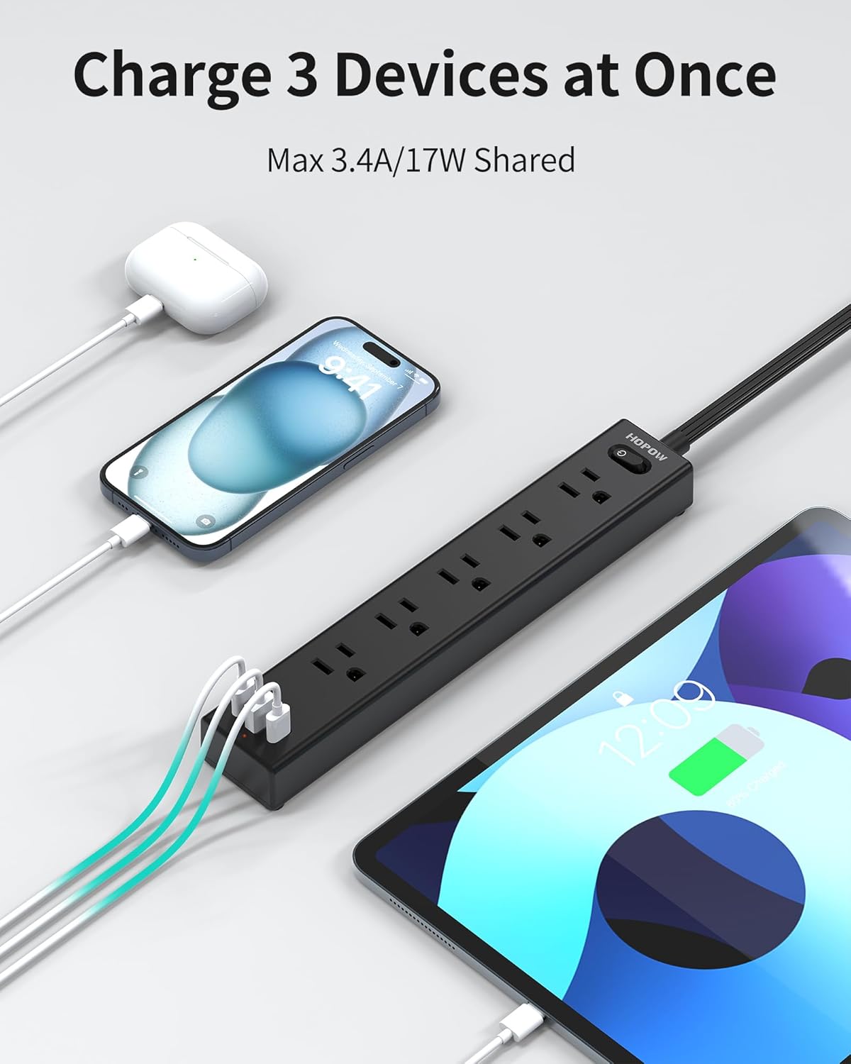 5Ft Extension Cord with Multiple Outlets, HOPOW Flat Plug Power Strip Surge Protector, 5 Outlets & 3 USB Ports (2 USB C), 1700 Joules, Wall Mount, Charging Station for Home Office Dorm, Black