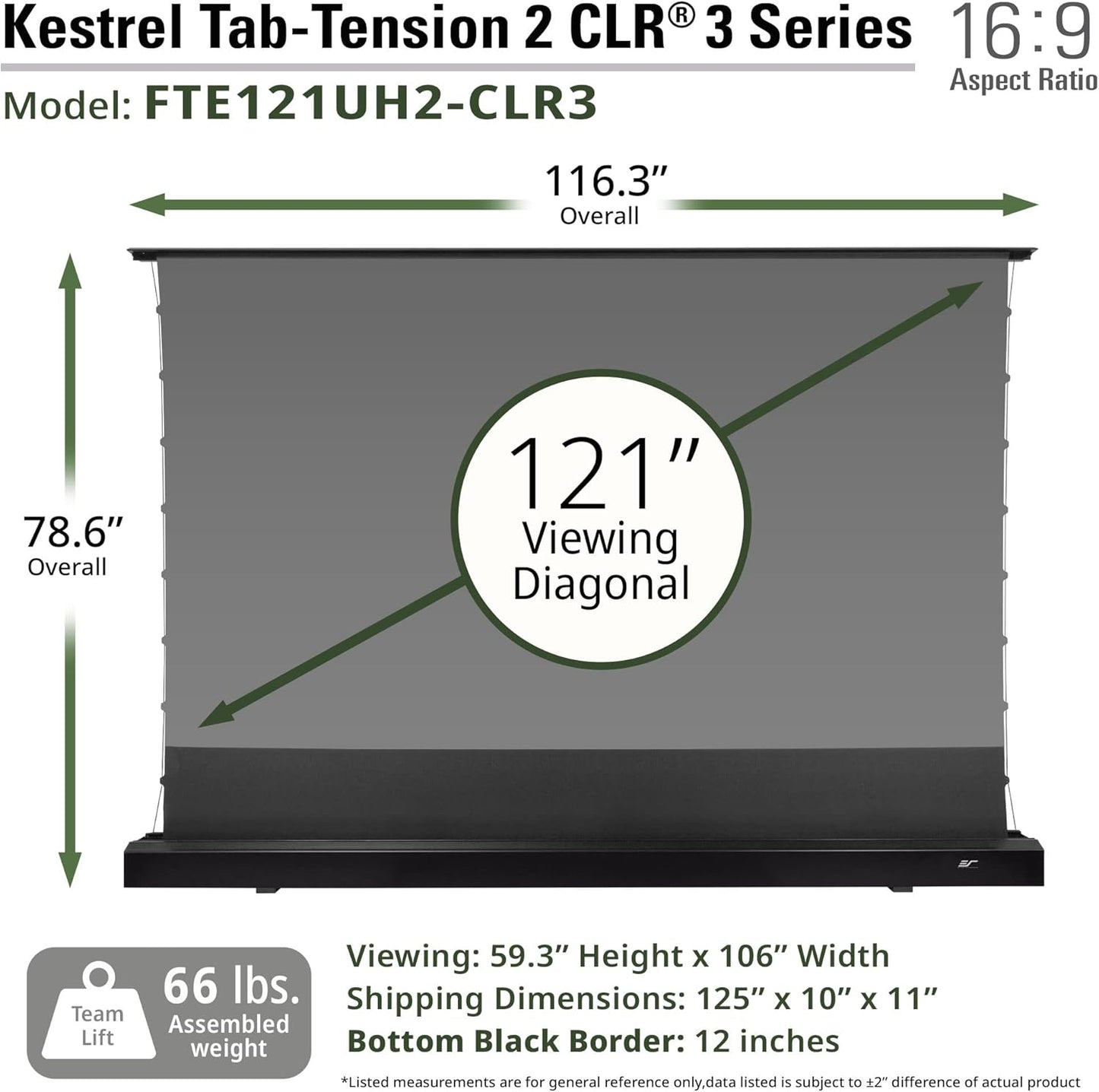 Elite Screens Kestrel Tab-Tension 2 CLR3, 121" 16:9, Ultra-Short Throw Ceiling Ambient Light Rejecting (CLR/ALR) Electric Floor-Rising Motorized Front Projector Screen, Black Casing, FTE121UH3-CLR3