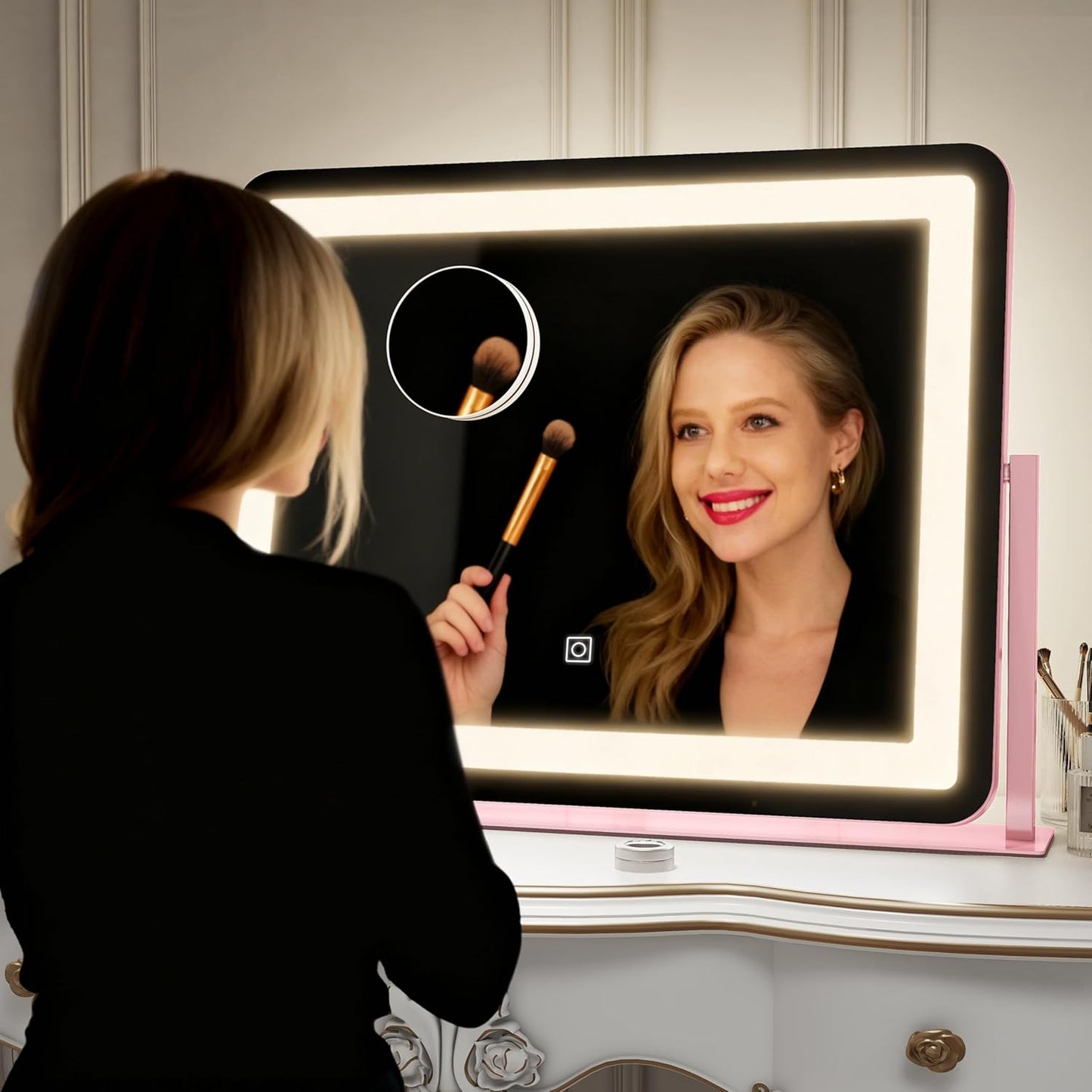 ROLOVE 22x17 Inch Pink Vanity Mirror with Lights,Dimmable LED Lights,3 Color Modes, Smart Touch Control,10X Magnification,Light up Makeup Mirror for Desk, Gift for Teen Girls