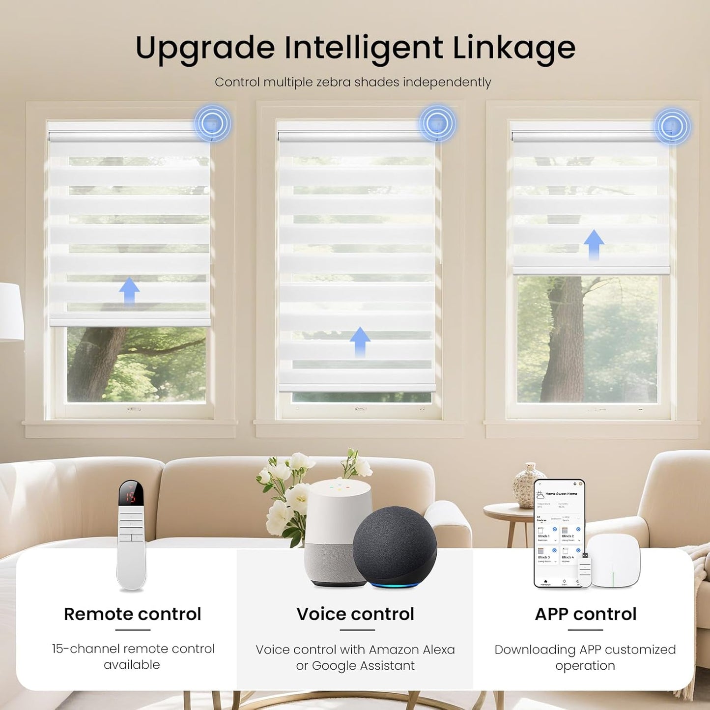 Grandekor Motorized Zebra Blinds with Remote Control,Smart Zebra Blinds for Windows,Electric Zebra Shades, White,36" W x 72" H