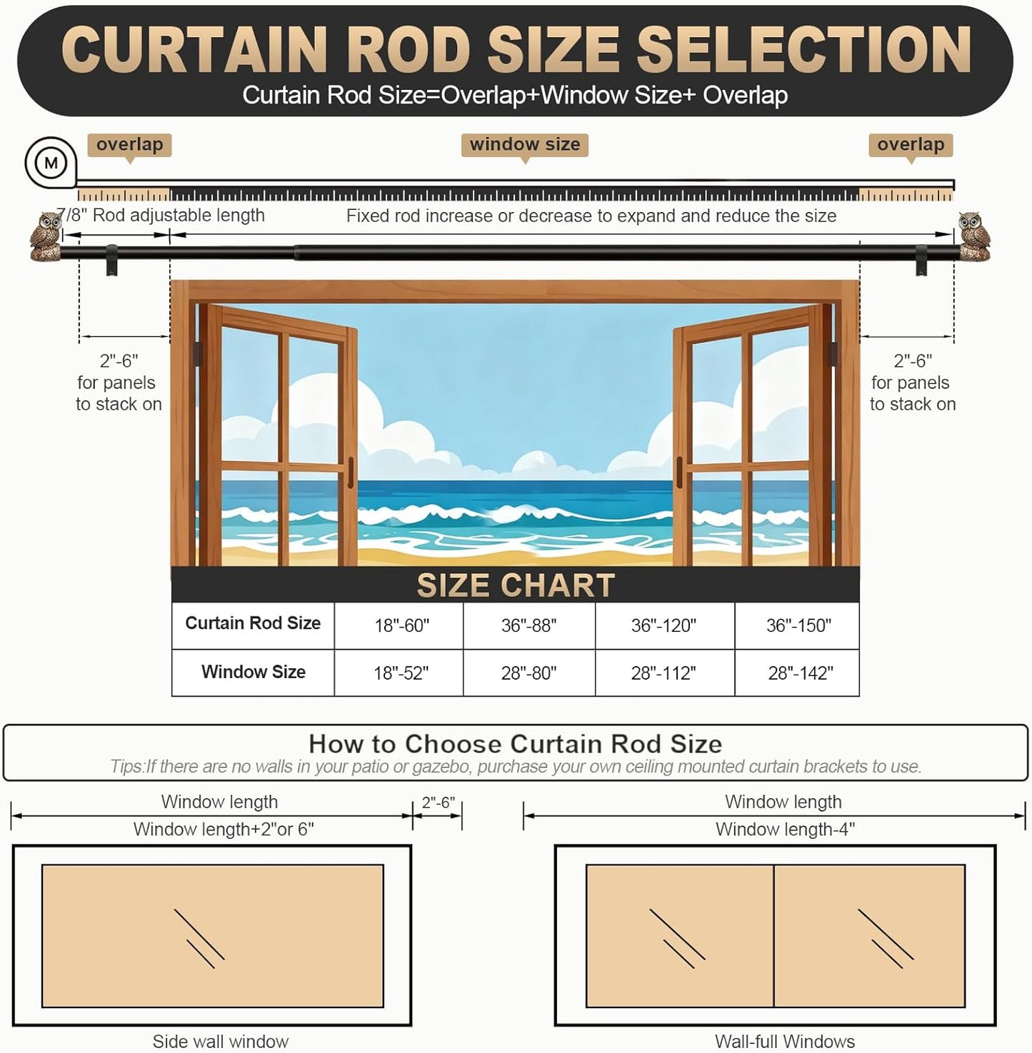 2 Pack Vintage Decorative Black Curtain Rods for Windows 28 to 48 Inch Adjustable Heavy Duty 1'' Diameter Curtain Rod with Owl Finials for Bedroom Living Room Kitchen Farmhouse (18-60'')