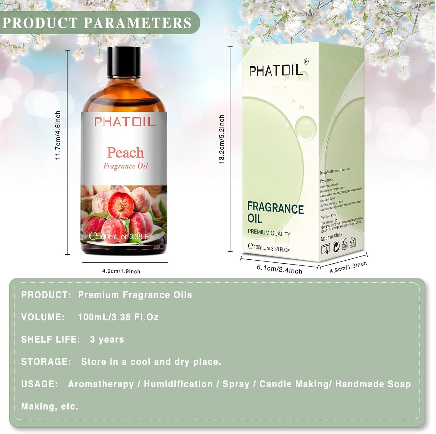 PHATOIL 3.38FL.OZ Peach Fragrance Oils for Aromatherapy, Essential Oils for Diffusers for Home, Perfect for Diffuser, Yoga, Skin Care, DIY Candle and Soap Making - 100ml