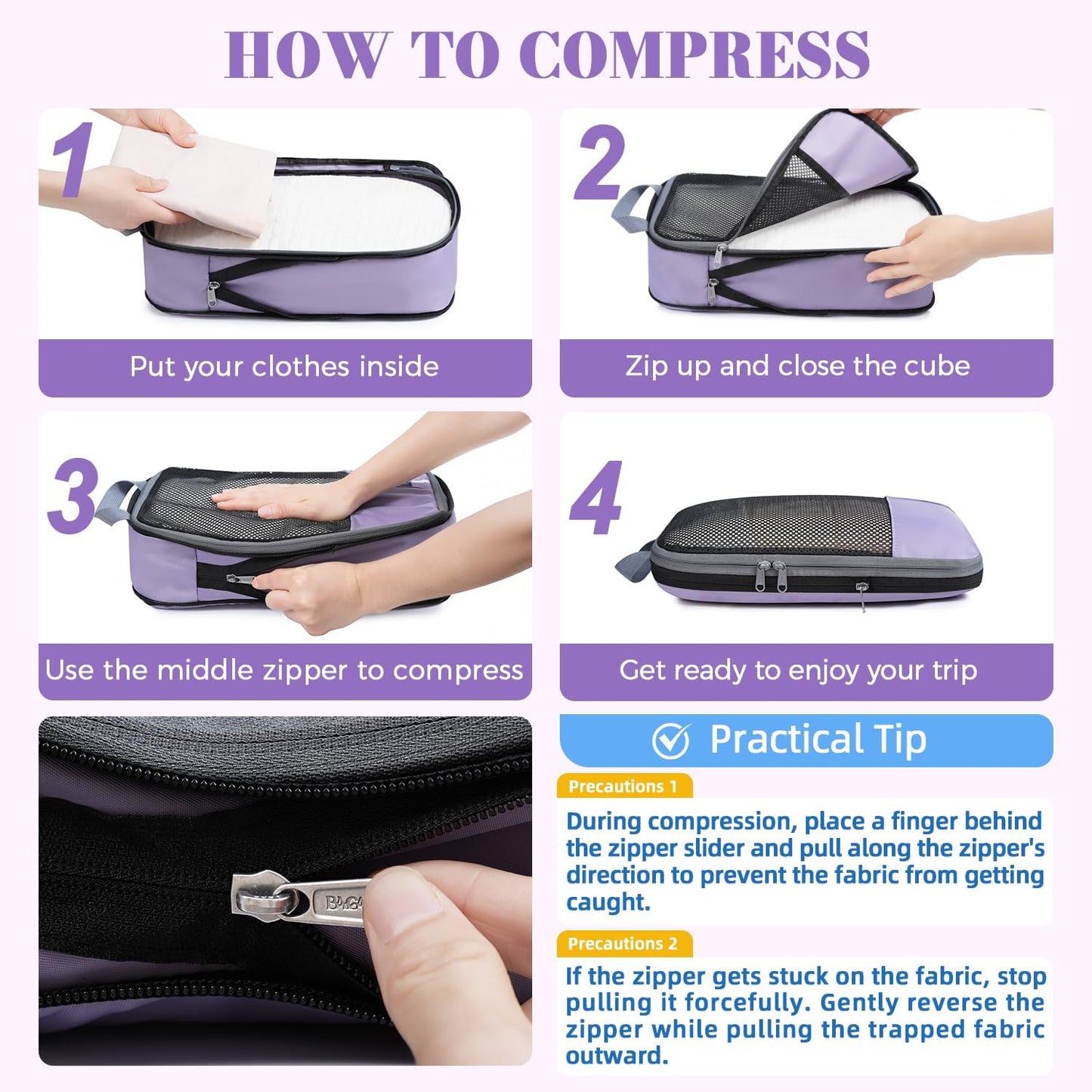 BAGAIL 4 Set/6 Set/8 Set Compression Packing Cubes Travel Accessories Expandable Packing Organizers(HalfMesh,8-Dusty Purple)
