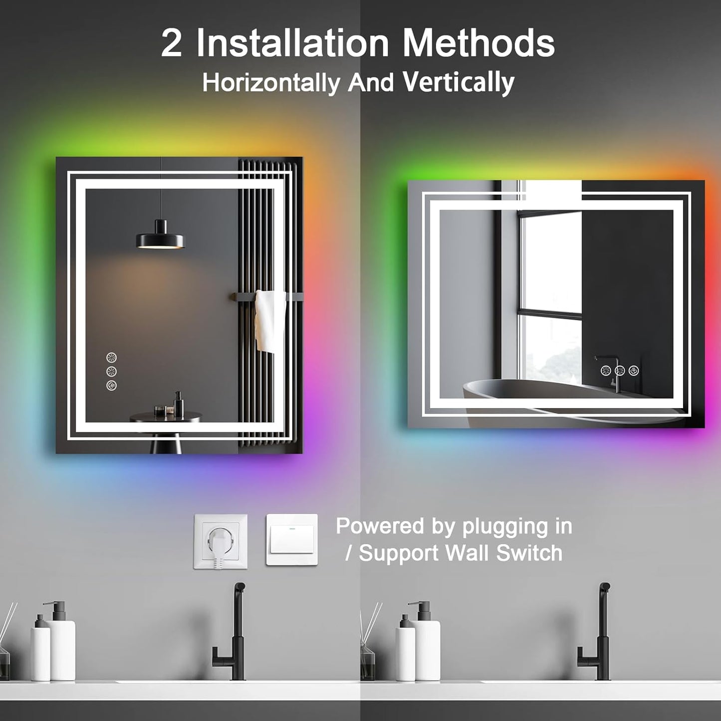 LED Mirror for Bathroom, 48"X30" with 8 RGB Backlit +3 Front Lit (Adjustable Individually), Anti-Fog, Large Lighted Bathroom Vanity Mirror for Wall,Shatterproof,Memory Function,Tempered Glass