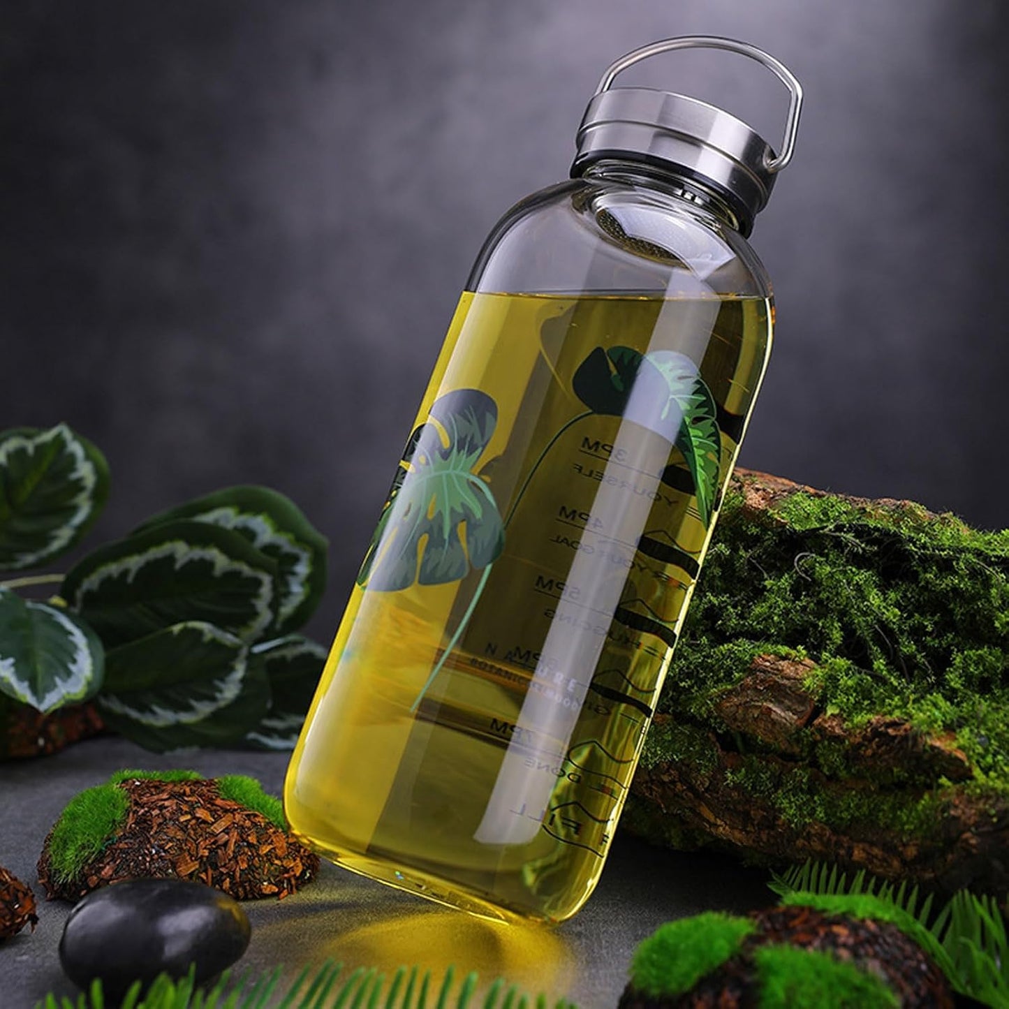 50 oz Glass Water Bottle with Time Markers – 1500ml Borosilicate Sport Bottle, Stainless Steel Handle & Strainer, BPA-Free, Leak-Proof (Leaf Green, Silver Lid)
