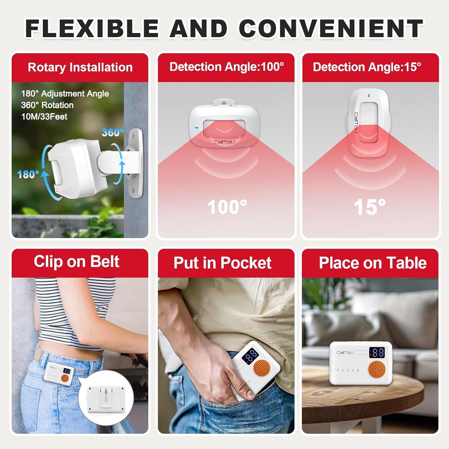 CallToU Bed Alarm and Fall Prevention for Elderly/Dementia/Patients Wireless Caregiver Pager Motion Sensor Detector Alert Bed Alarm for Elderly Adults with Vibration Digital Display Low Battery Remind