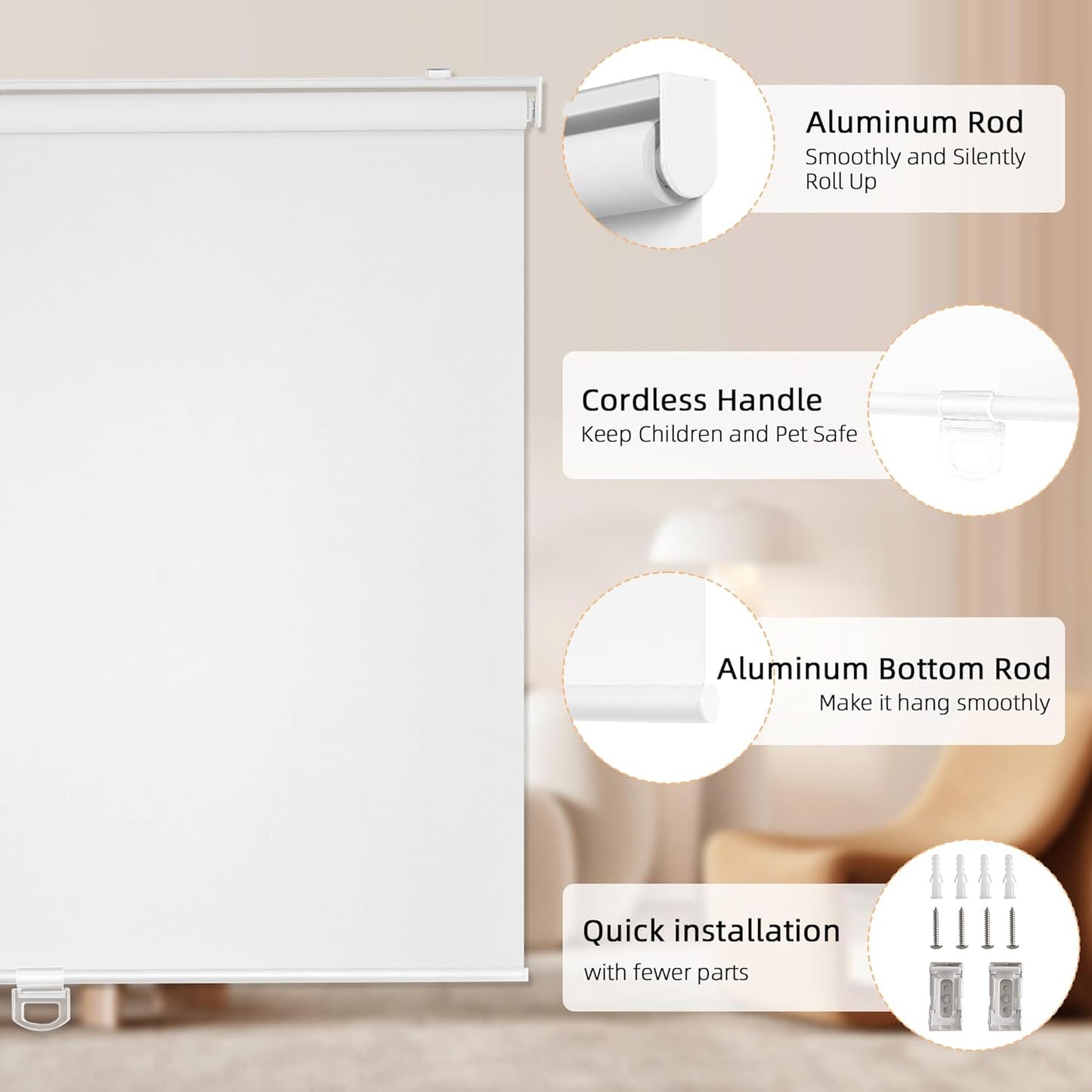 ChrisDowa Cordless Blackout Roller Shades for Windows, Thermal Insulated UV Protection Pull Down Shades, Total Blackout Window Blinds for Home, Office, Bedroom, Door (56" W x 72" H, White)