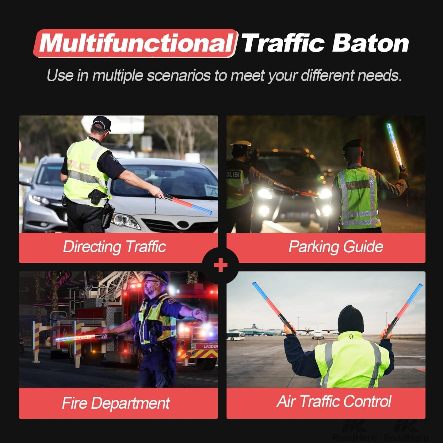 RoadHero 2 Pack 21 Inch Traffic Control Baton, Red and Blue LED Traffic Wand with 3 Flashing Modes, Air Marshaling Signal Wand with Side Clip for Airport, Parking, Car Directing
