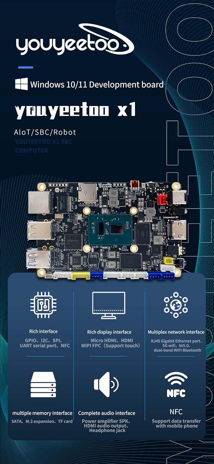 WayPonDEV youyeetoo X1 X86 Single Board Computer - A 64bit Windows 10/11/Linux Mini PC with Celeron N5105 CPU, Support Optional WiFi&BT NFC, PCIE 3.0 M.2 2280 NVMe or SATA SSD (4GB RAM+0GB Storage)