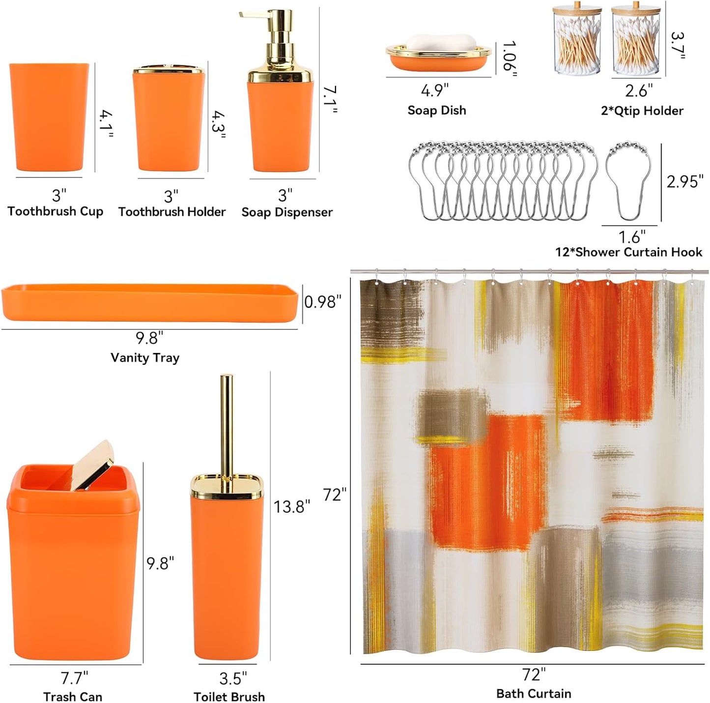 Orange Bathroom Accessories Set, Bathroom Sets with Shower Curtain, Orange Bathroom Accessories with Trash Can, Soap Dispenser, Soap Dish, Toilet Brush Holder, Qtip Holders for Bathroom