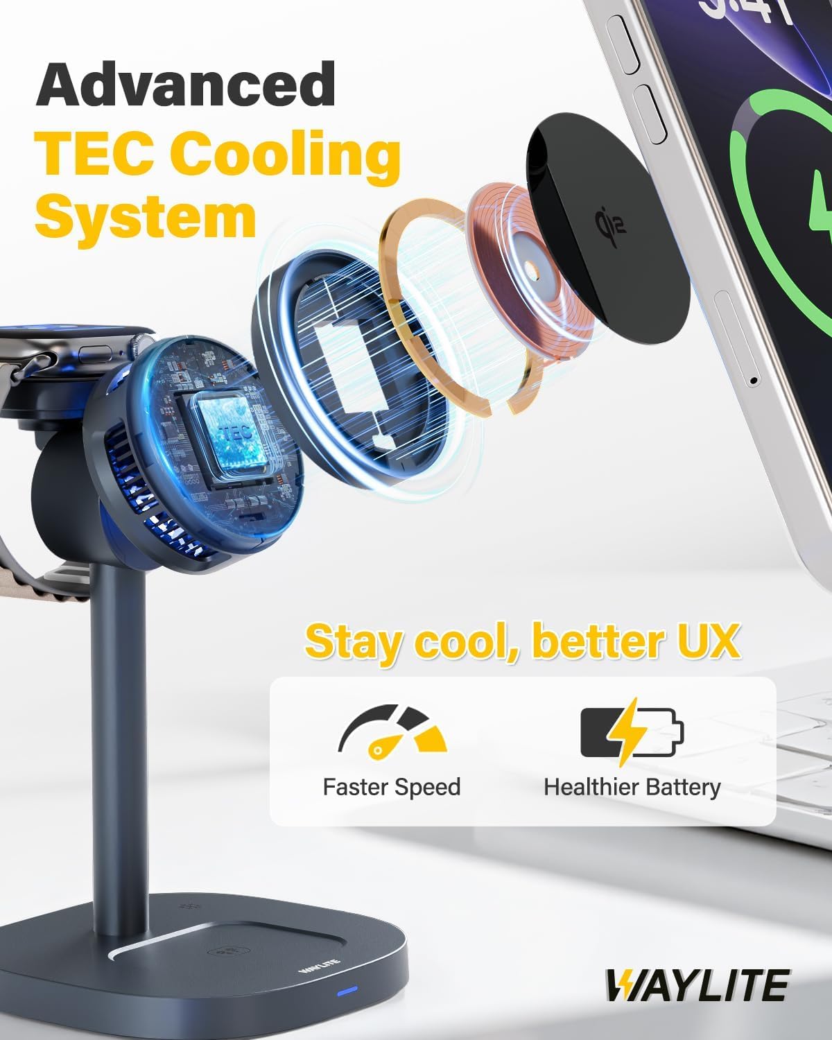 3 in 1 Wireless Charging Station for Apple MagSafe Charger Stand,15W Qi2 Fast Phone and Watch Charger with TEC Cooling, Magnetic Wireless Charger for iPhone17 16 15 14 13, Apple Watch, AirPods, Gray
