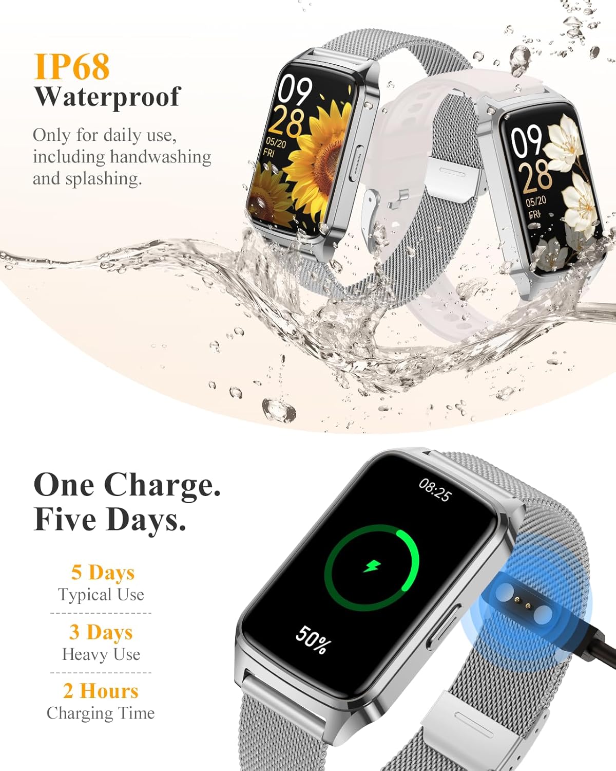 Fitness Tracker Watch for Women Men, Step Counter Compatible with iPhone Android, IP68 Waterproof Activity Tracker with Sleep Monitor, 110+ Sports (Classic, Silver, 1.57)