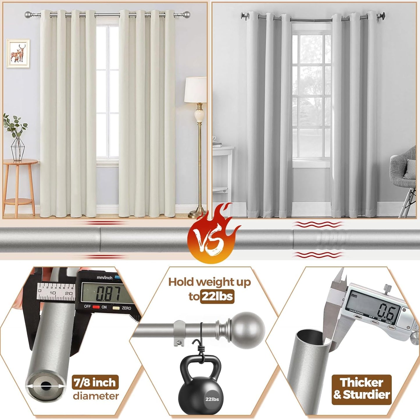 KAMANINA Curtain Rods for Windows 48 to 84 Inches, Antique Silver Curtain Pole 32 to 86 Inches (2.6-7.1ft), 7/8 Inch Decorative Drapery Rods with Round Finials