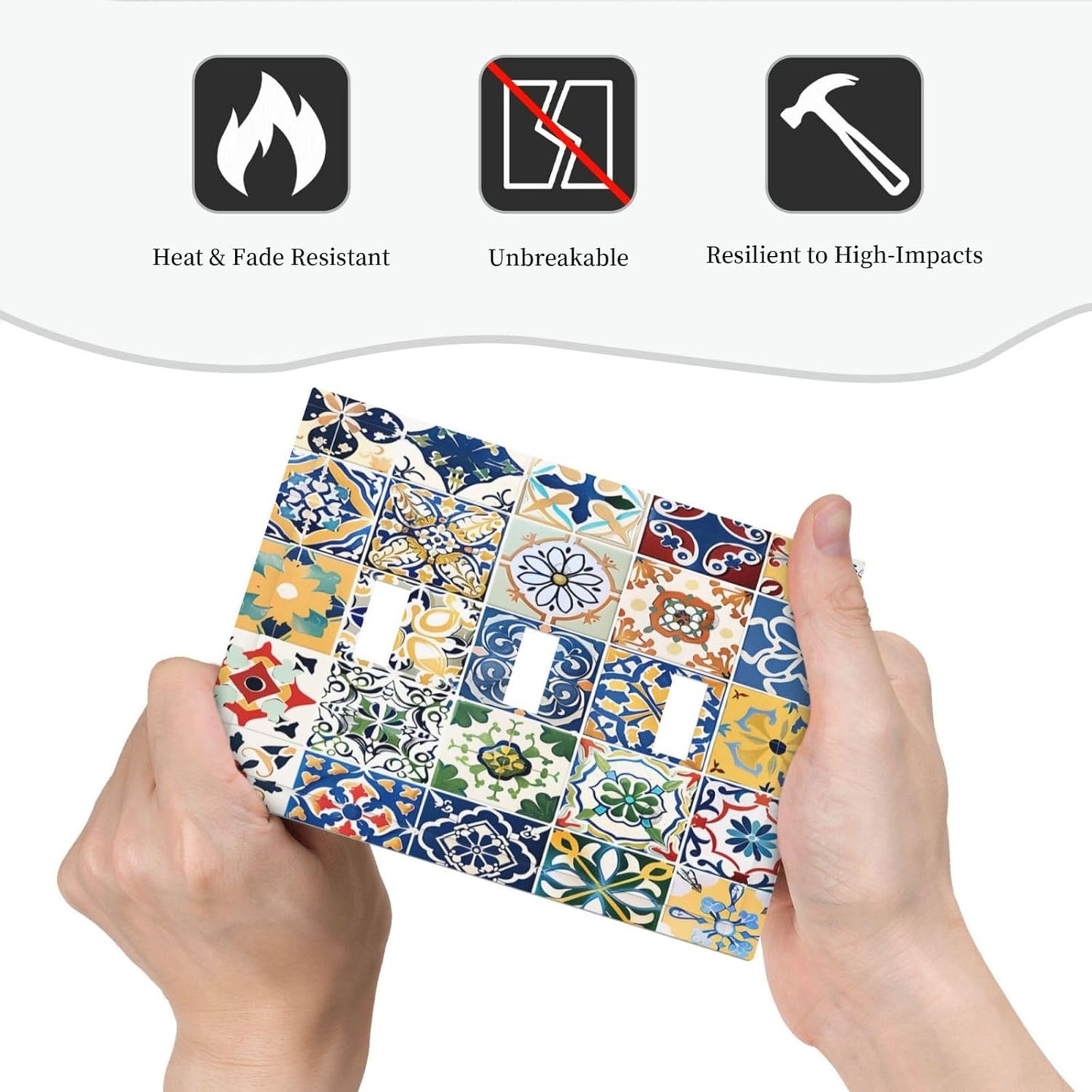 Decorative Switch Plates Moroccan Traditional Mexican Talavera Til 3 Gang Wall Plate Triple Toggle Light Switch Cover Faceplate Electrical Wall Panels for Kitchen Home Decor