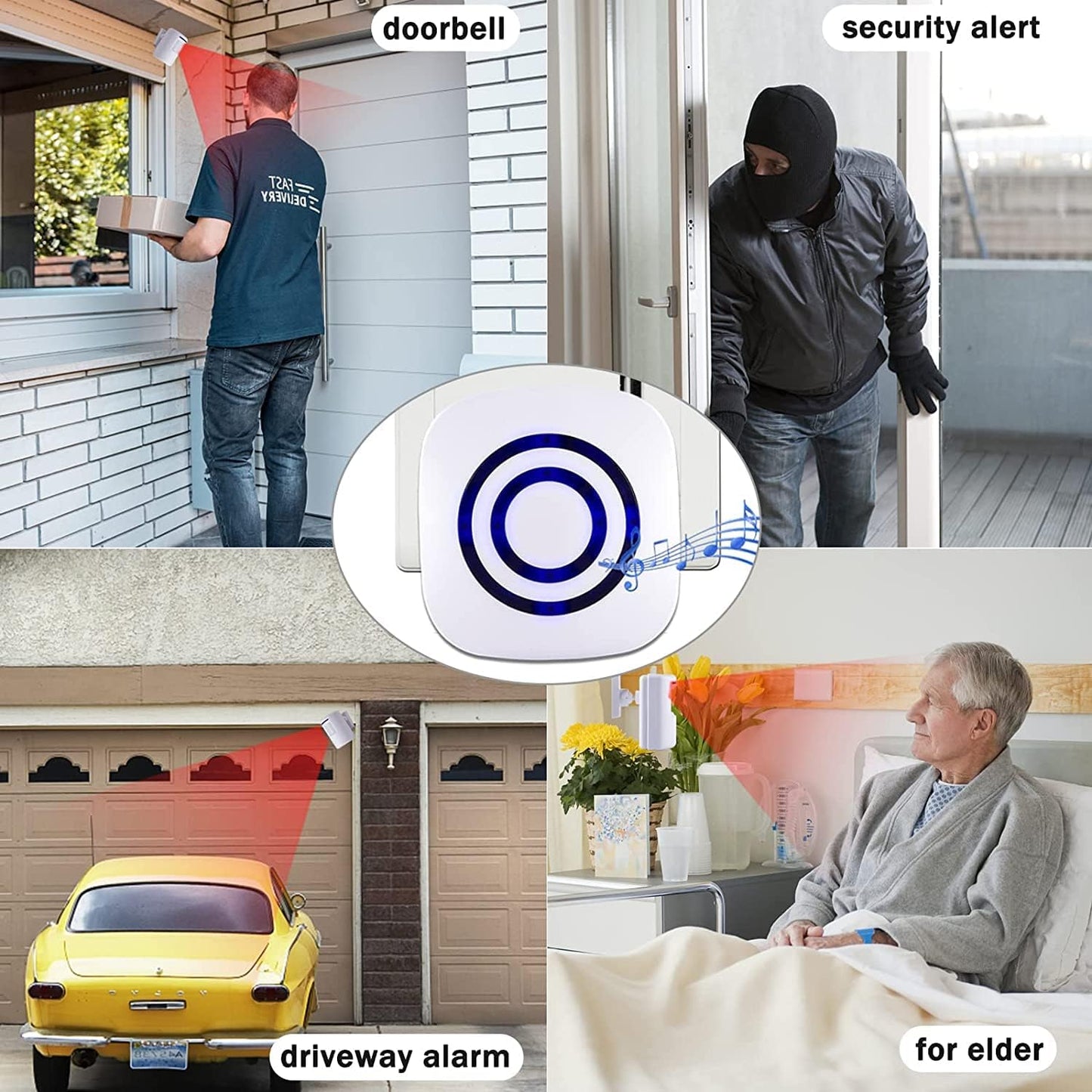 Motion Sensor Alarm, Long Range Wireless Driveway Alarm, Indoor Home Security System Electric Doorbells, 4 Motion Detector and 2 Alarm, 38 Chime Tunes, LED Indicator