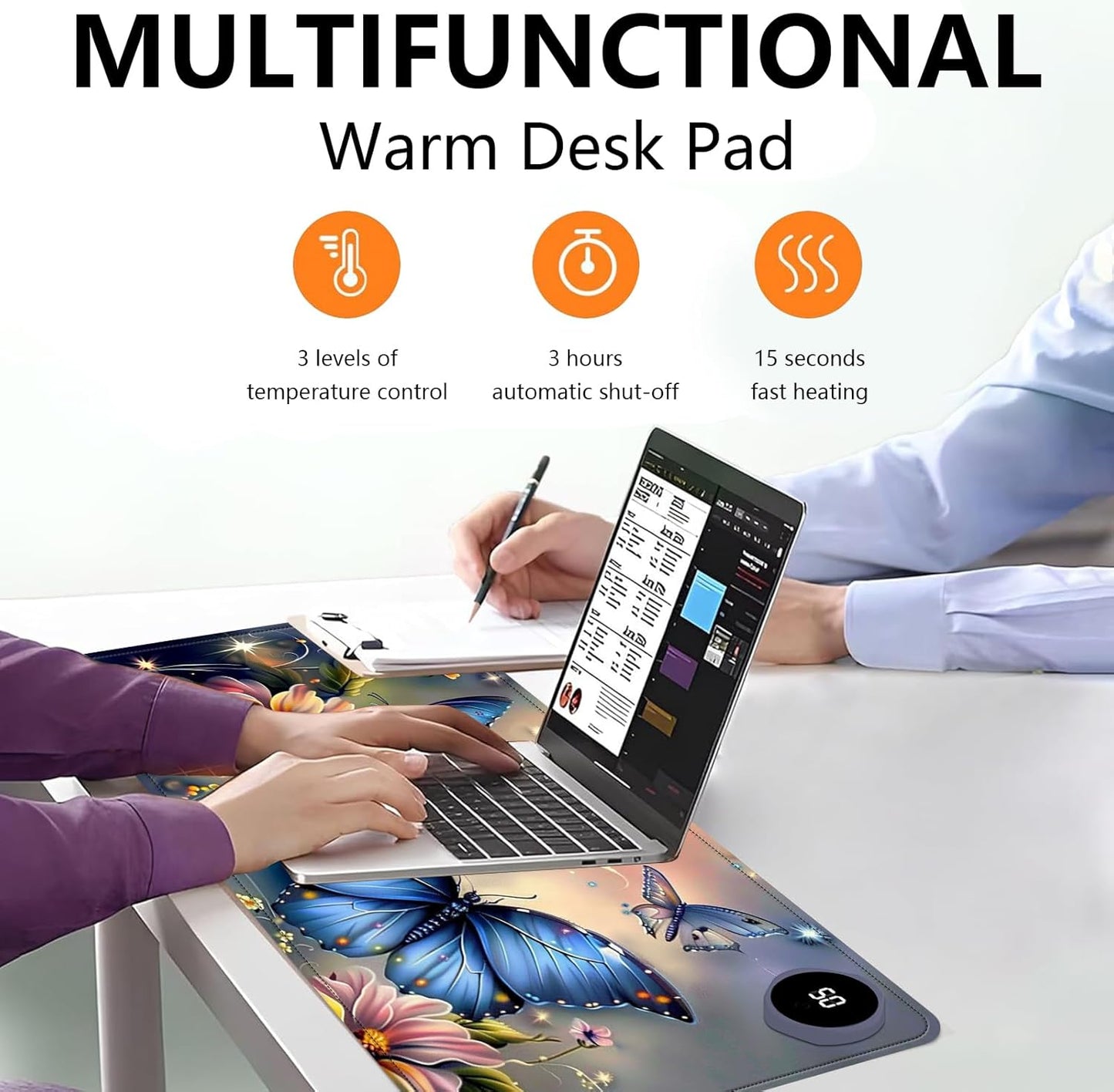 Heated Mouse Pad with 3 Levels Heated & 3 Hours Auto Shut-Off Mouse Pad for Warming Hands in Office Home, 23.6" x 14.2"Large Safe Desk Mat Hand Warmer,Blue Butterfly