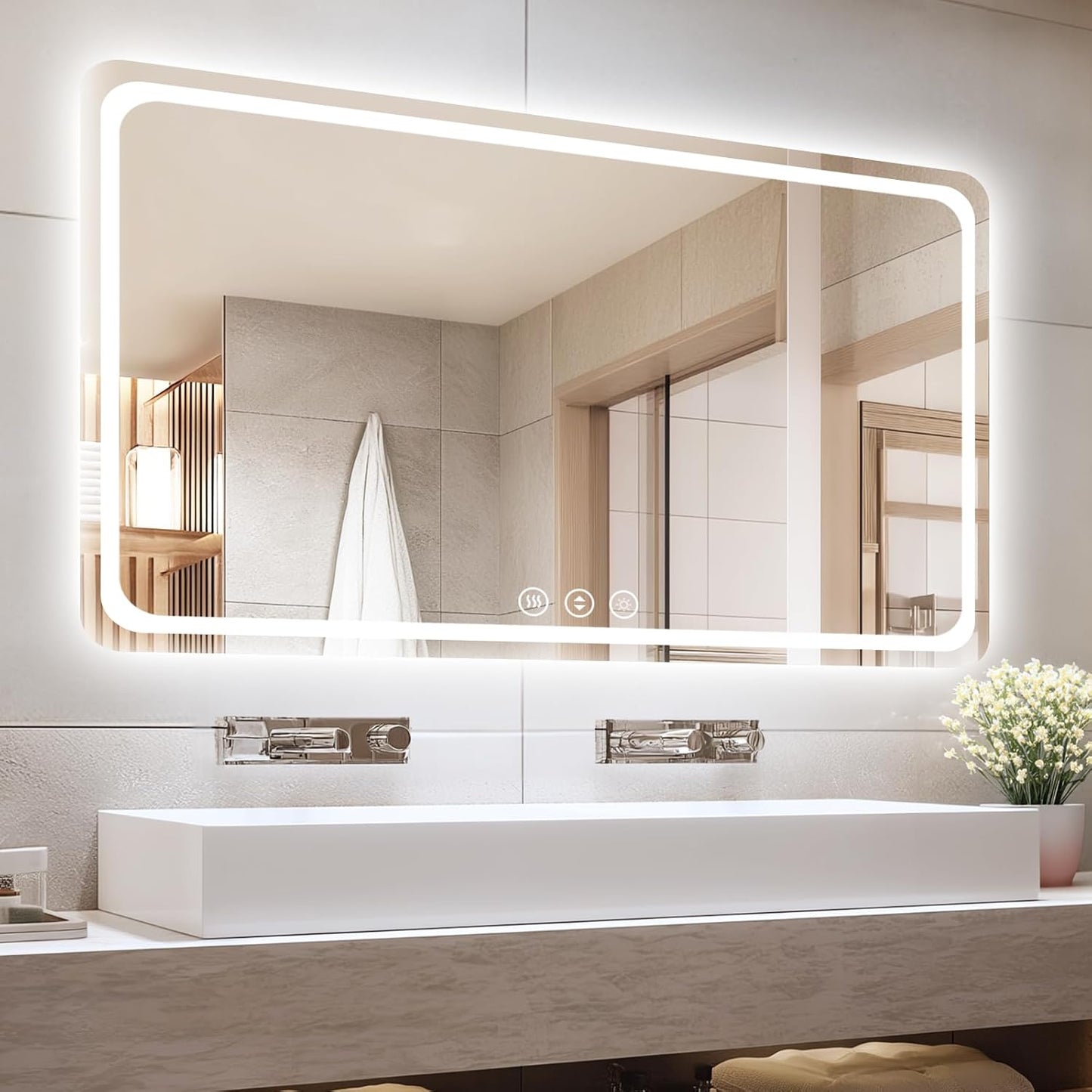 Led Bathroom Mirror with Lights, Anti-Fog & Tri-Color Lighting - Wall Mounted Shaving Mirror with Touch Sensor, Waterproof Smart LED Vanity Mirror Tempered Glass Dimmable 55" L x 36" W