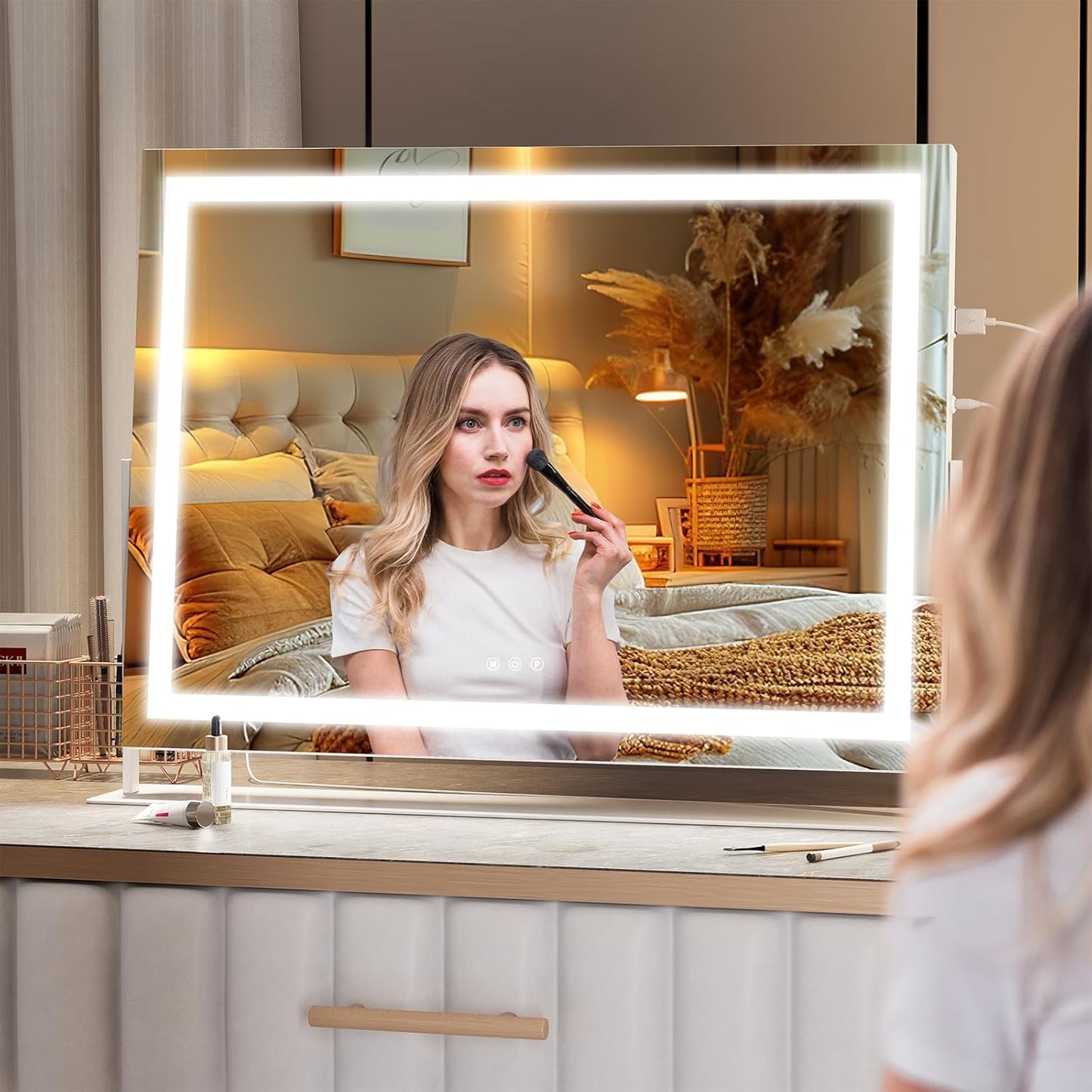 Hasipu Vanity Mirror with Lights, 28" x 20" LED Makeup Mirror, Light up Mirror with 10X Magnification and Phone Holder, USB Charging Port, Smart Touch 3 Colors Dimmable, 360ยฐ Rotation (White)