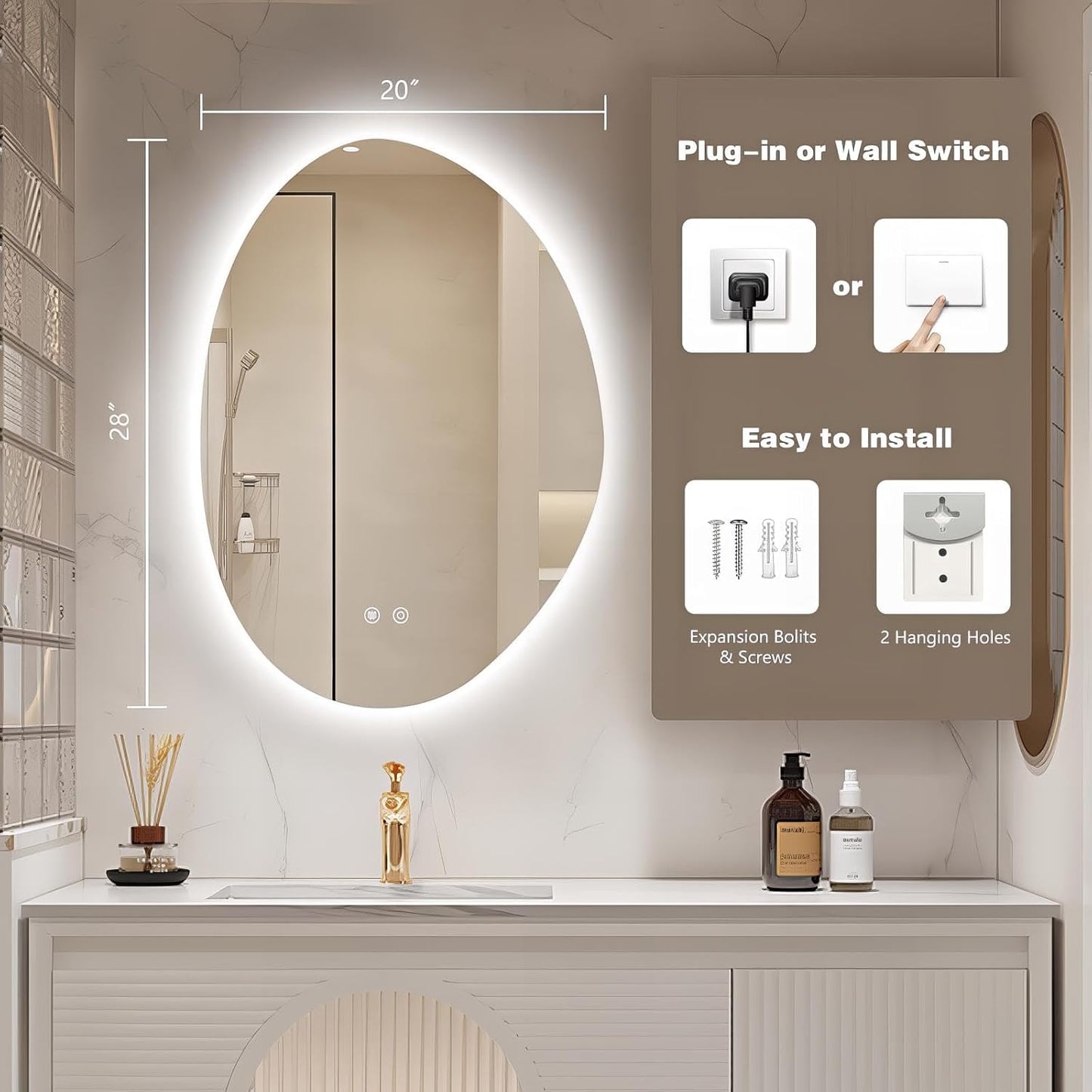 Niccy Irregular LED Bathroom Mirror, 20"x28" Asymmetrical Backlit Vanity Wall Mirrors, Frameless Lighted Mirrors for Bedroom, Living Room, Modern Smart-Mirror with Anti-Fog, Dimmable, Memory Function