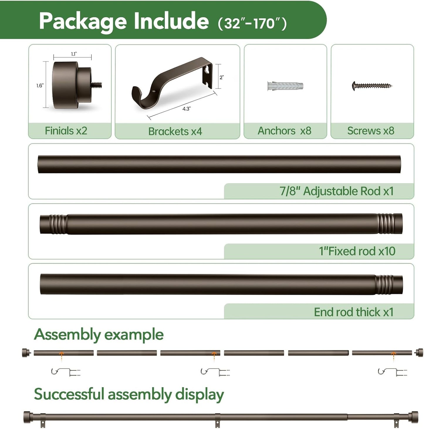 Curtain Rods for Windows 32 to 170, 1 Inch Adjustable Heavy Duty Long Window Outdoor Curtain Rod for Patio, Drapery Rods with Simple End Caps, Size 32"-170", Antique Bronze