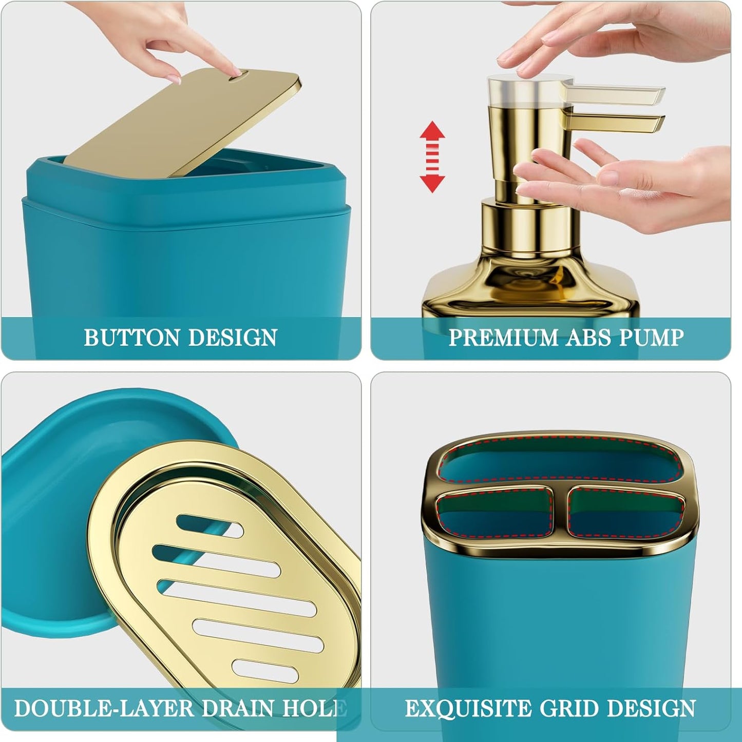 Bathroom Accessories Set - 25PC Bathroom Set with Shower Curtain and Rugs, Teal Blue Bathroom Set, Bathroom Accessory Set with Press-on Lid Trash Can, Soap Dispenser and Qtip Holders