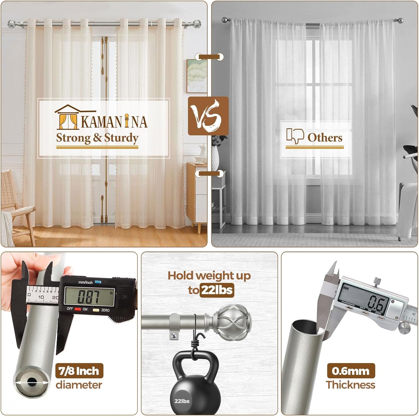 KAMANINA Silver Curtain Rods for Windows 72 to 144 Inches (6-12ft) Long Heavy Duty Curtain Rods, 7/8 Inch Adjustable Drapery Rods with Decorative Netted Texture Finials