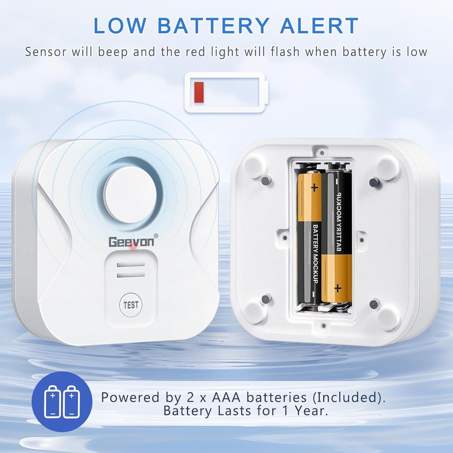 Geevon 2 Pack Water Leak Detectors for Home, 100dB Water Sensor Alarm Flood Leakage Detection Devices for Bathroom, Basements, Laundry Rooms, Kitchen, IP56 Waterproof(Battery&Screwdriver Included)
